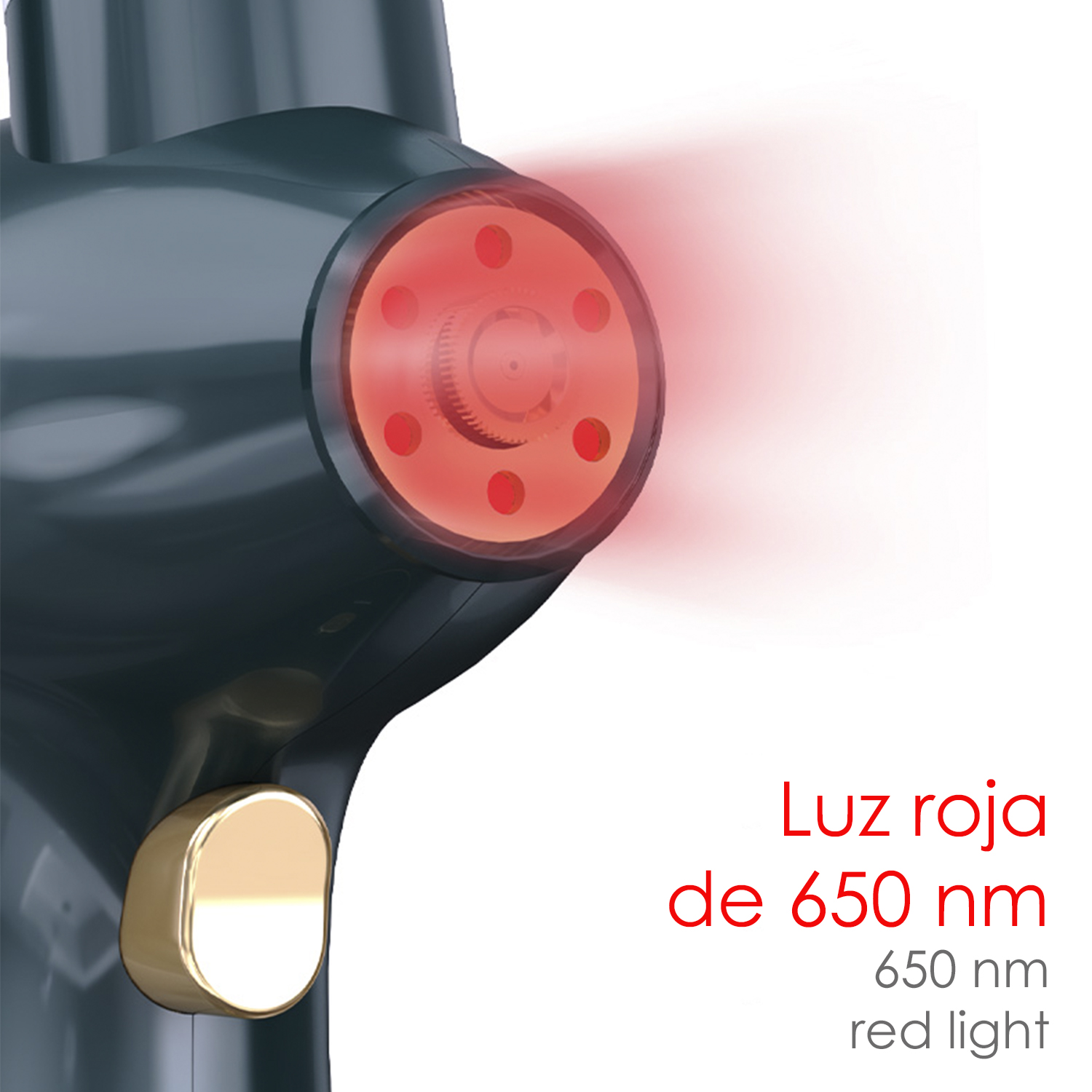 Primer plano de un dispositivo médico color verde azulado que emite luz roja. Texto: 'Luz roja de 650 nm'.