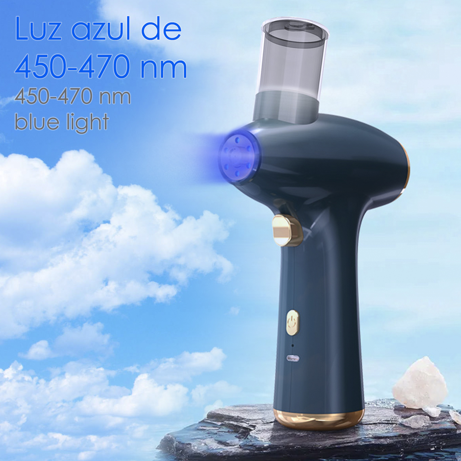 Dispositivo de terapia de luz azul, emisión de luz azul, fondo blanco, fondo de cielo.