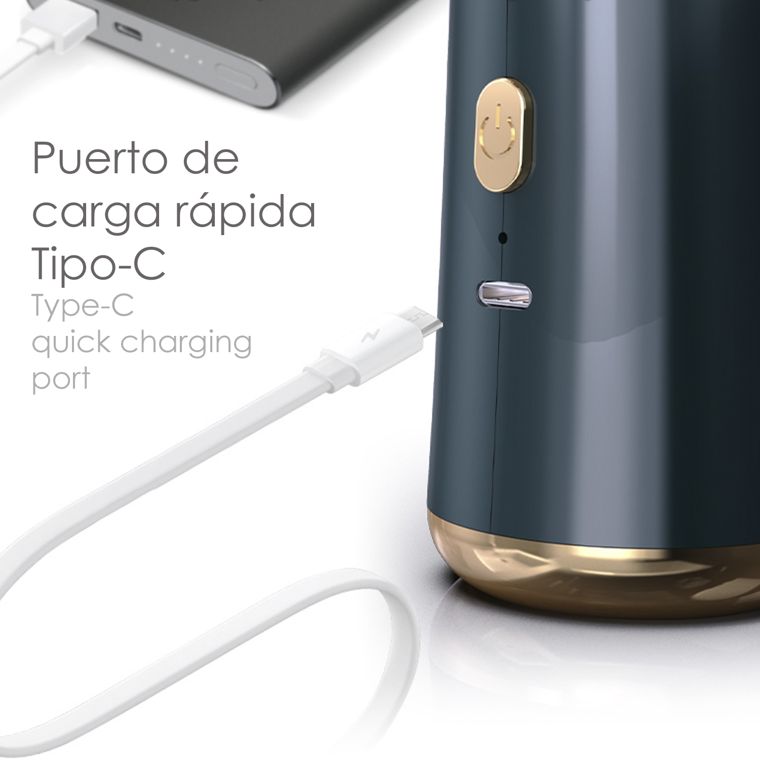 Primer plano de un dispositivo turquesa y dorado cargándose con un cable blanco. Texto: 'Puerto de carga rápida Tipo-C'.