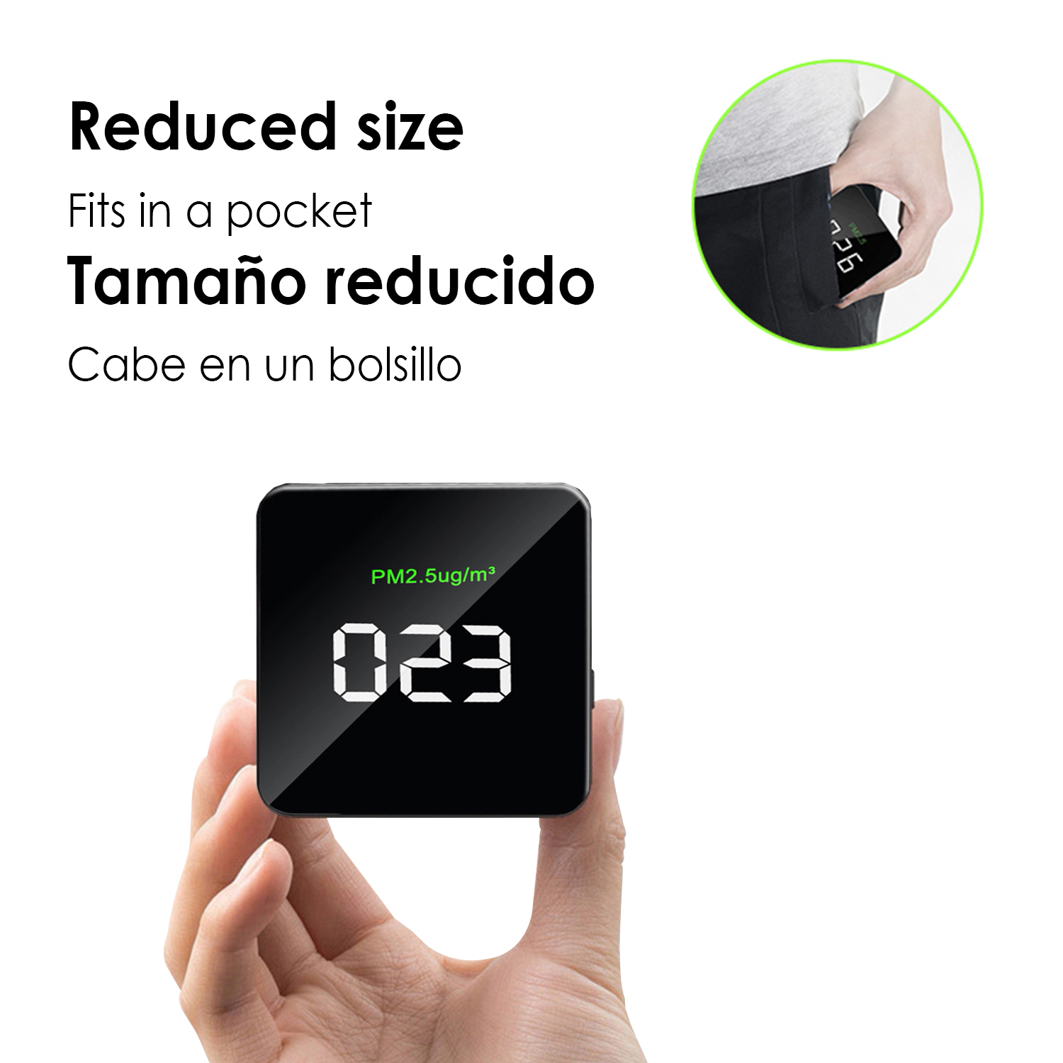 Piccolo monitor quadrato nero per la qualità dell'aria che mostra "023" e "PM2.5ug/m³" sullo schermo.
