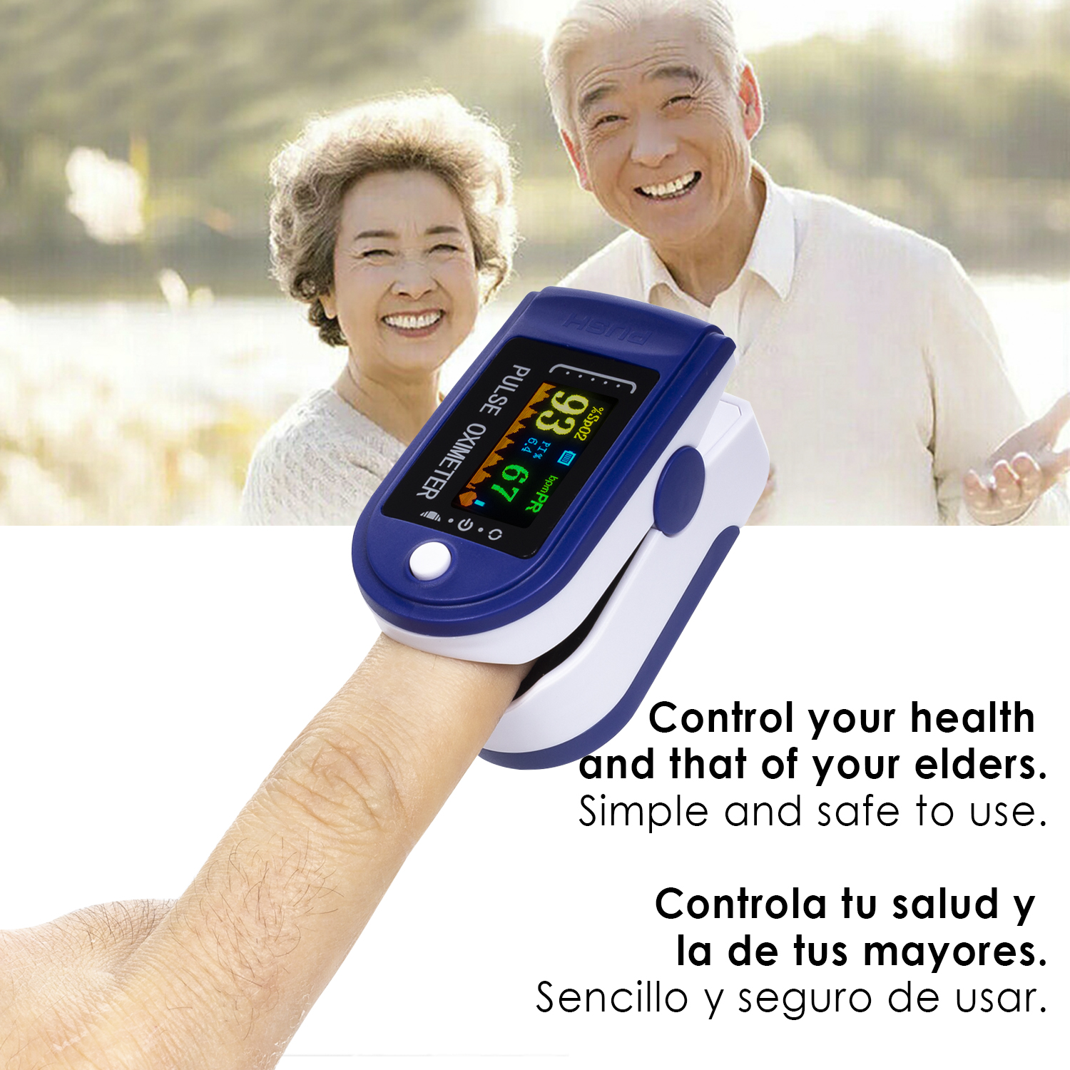 Zwei ältere Menschen lächeln, an deren Finger ein Oximeter angebracht ist.