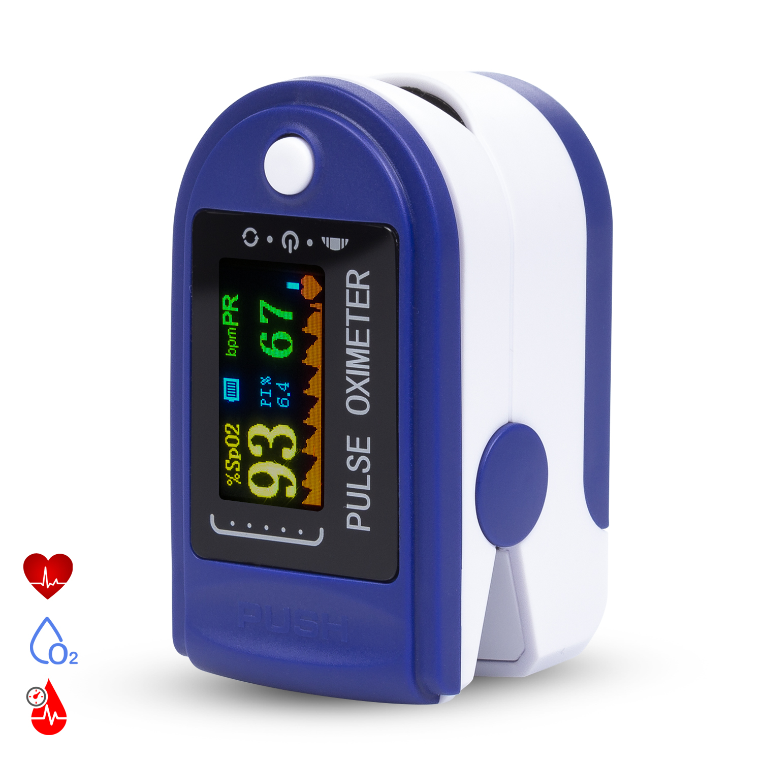 Blau-weißes Pulsoximeter mit Anzeige von SpO2- und Pulsfrequenzwerten.