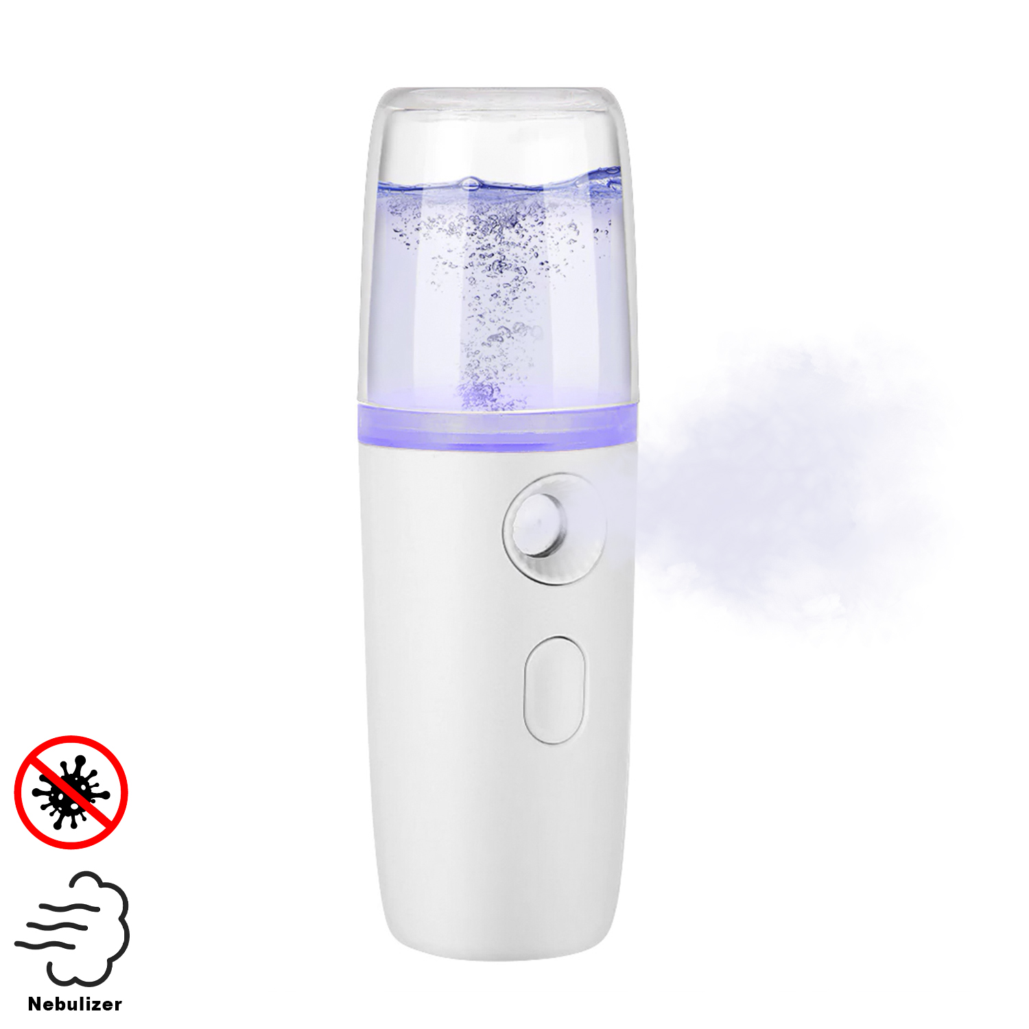 Nebulizador blanco con agua, vapor y un icono de virus.