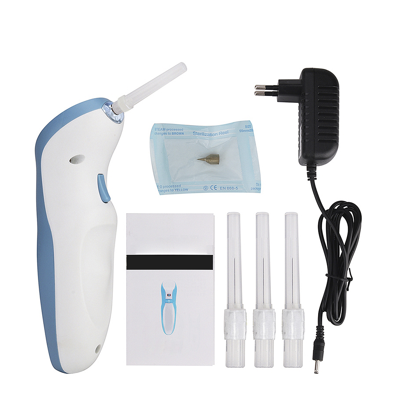 Dispositivo médico con accesorios, incluyendo un dispositivo portátil blanco y azul y accesorios.