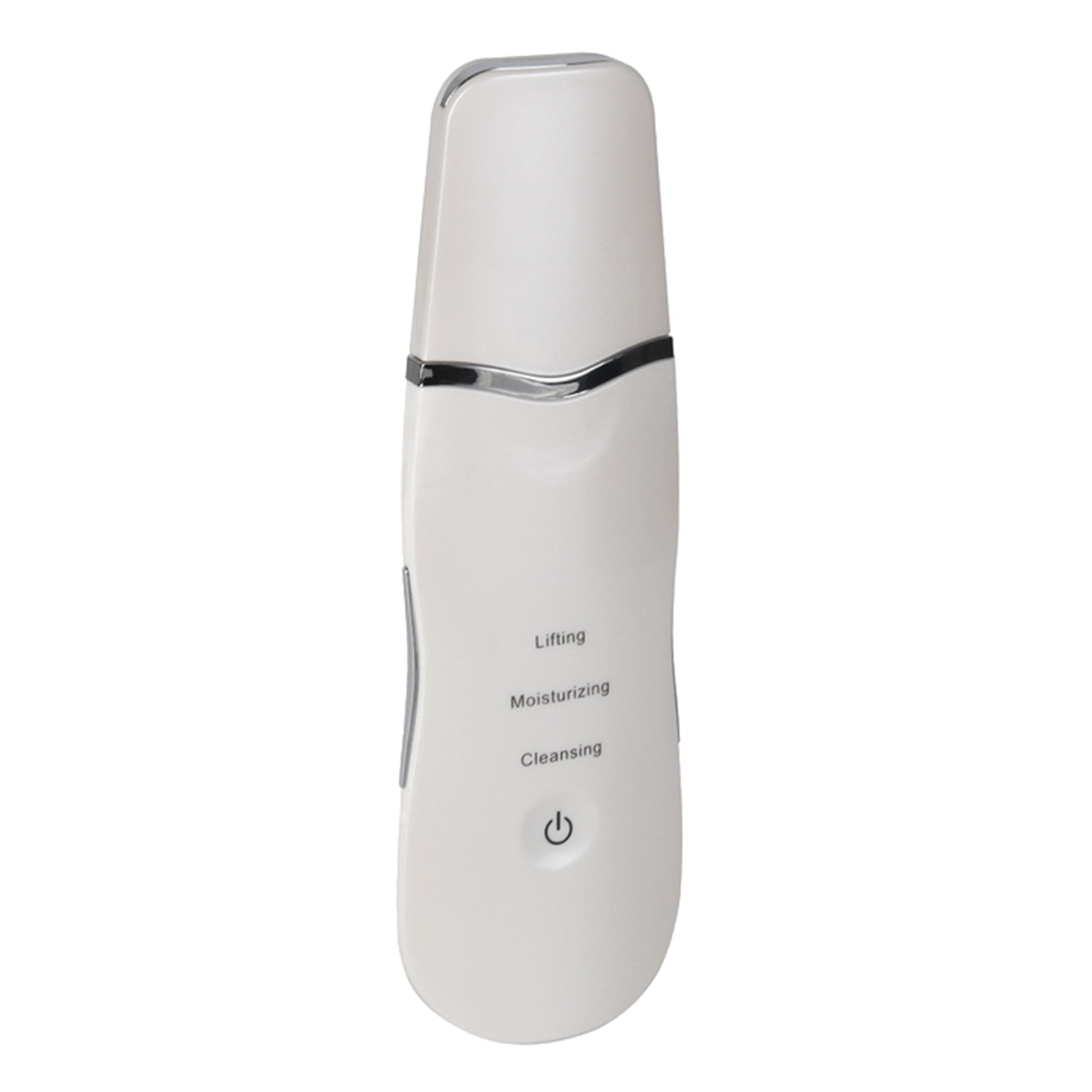 Scrubber per la pelle a ultrasuoni bianco con pulsanti per sollevare, idratare e detergere.