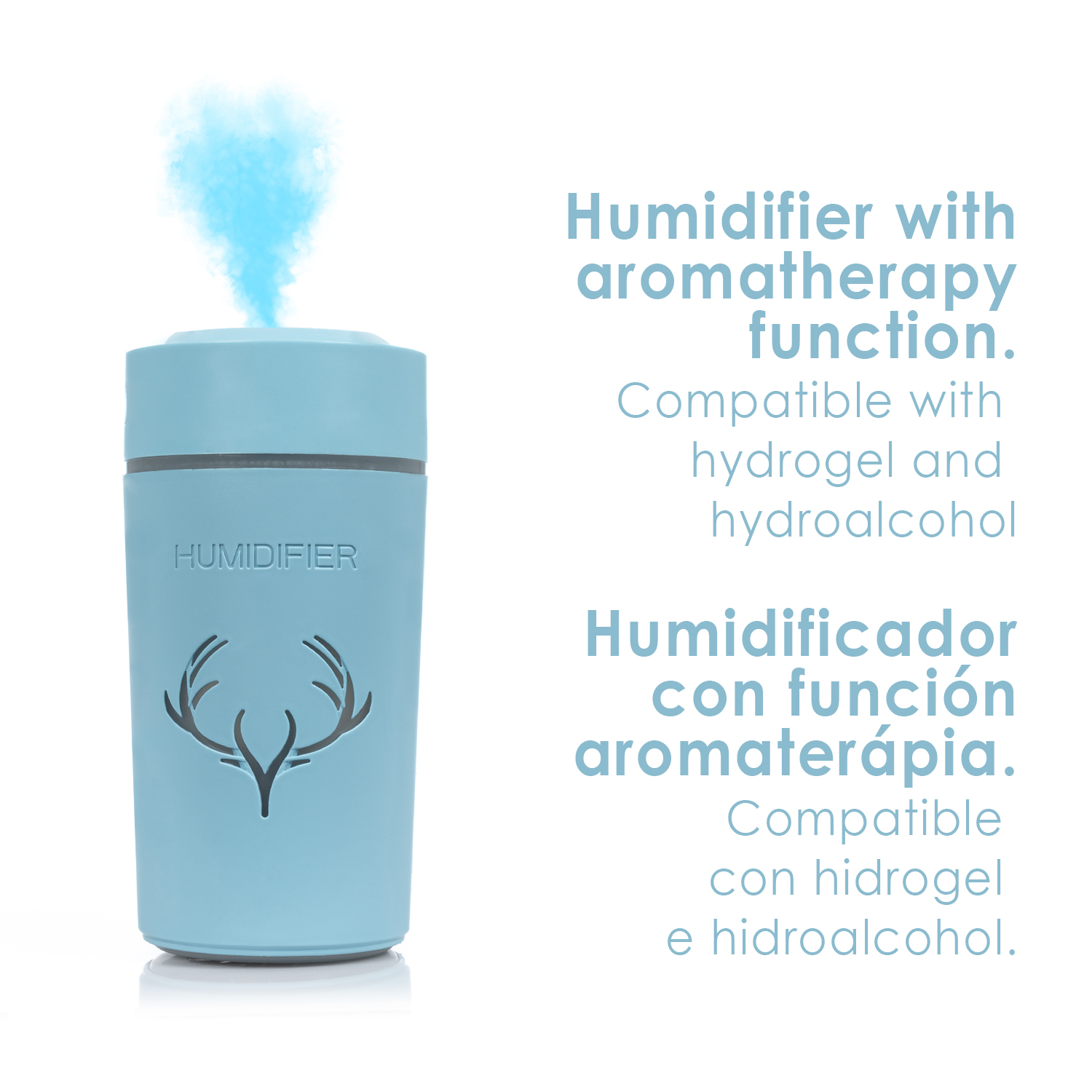 Humidificador azul con niebla azul. Texto describe la compatibilidad aromaterapia con hidrogel y hidroalcohol.