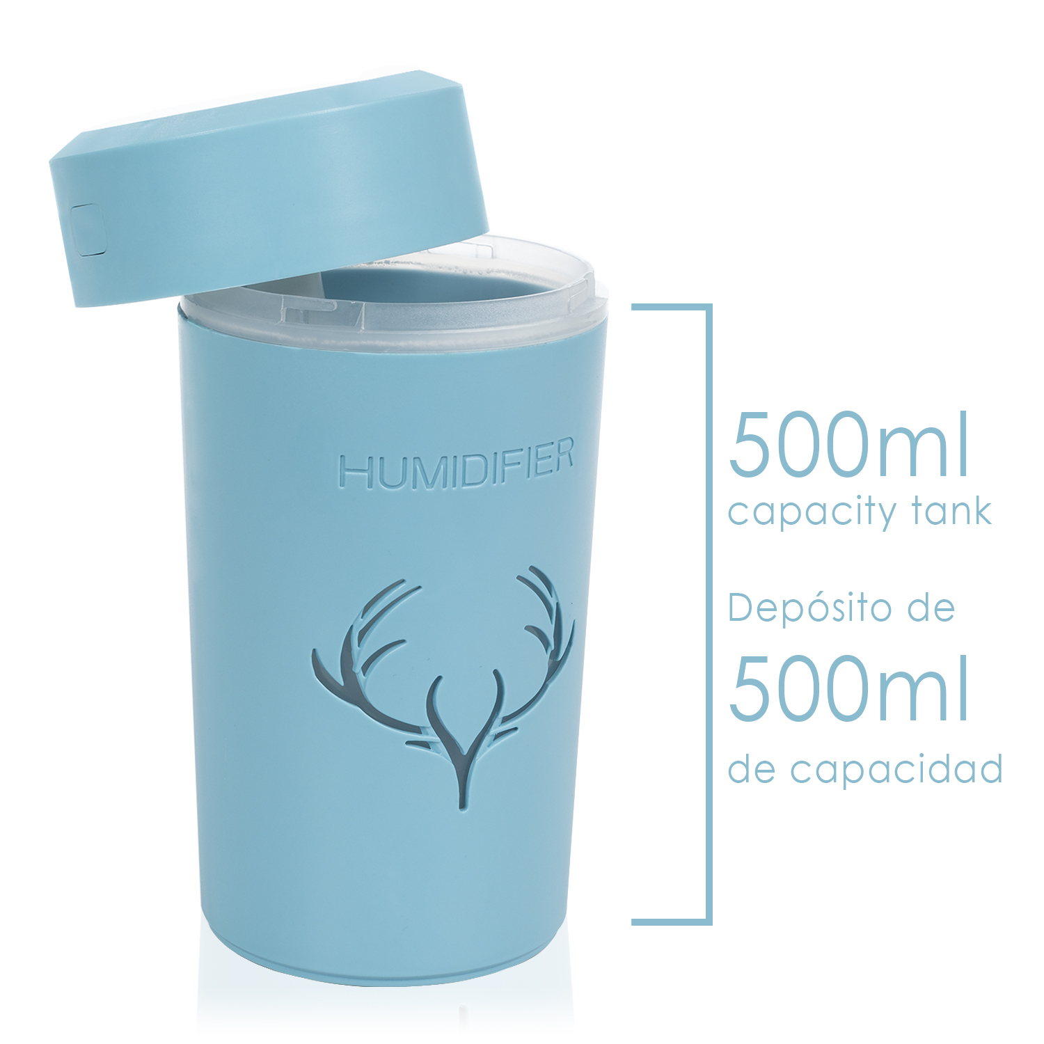 Un humidificador azul claro con una silueta de ciervo. El texto indica un tanque de 500 ml de capacidad.