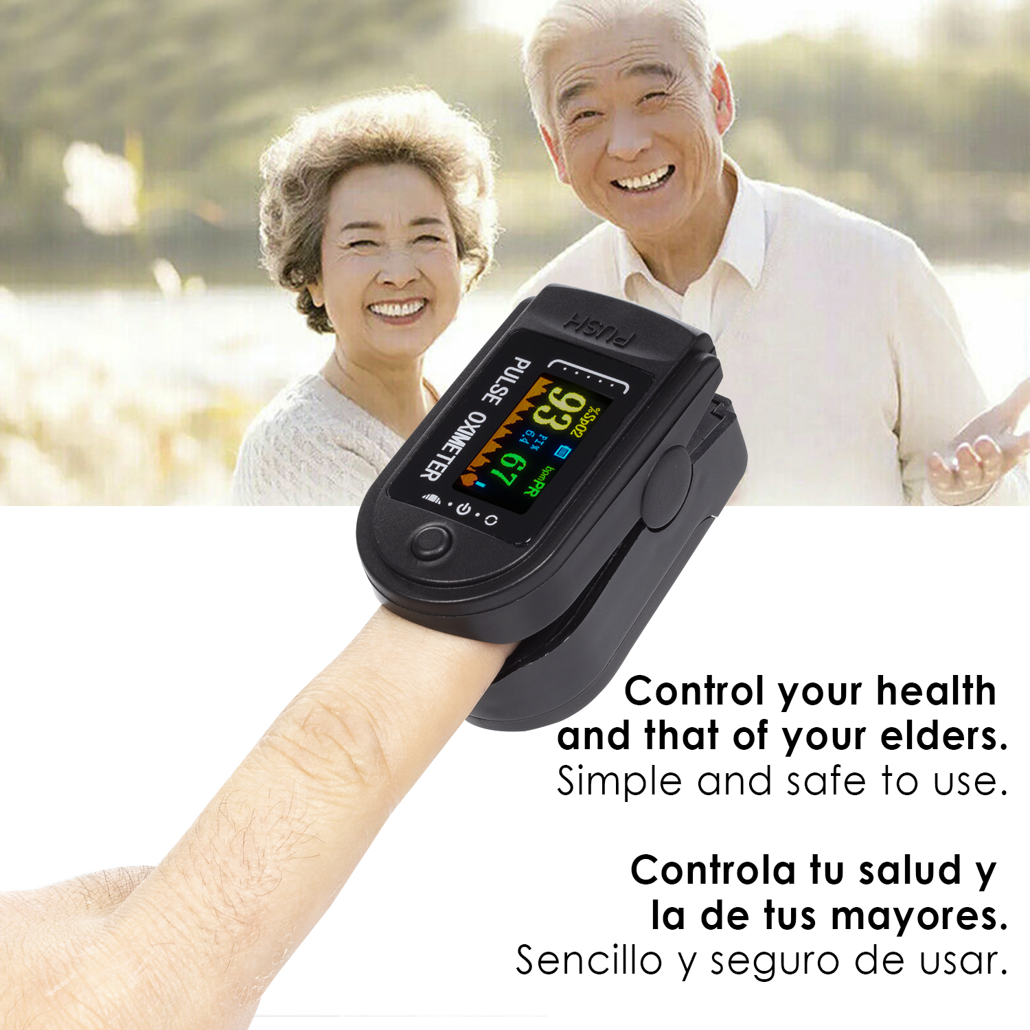 Ein Pulsoximeter an einem Finger, mit älterem Ehepaar im Hintergrund.