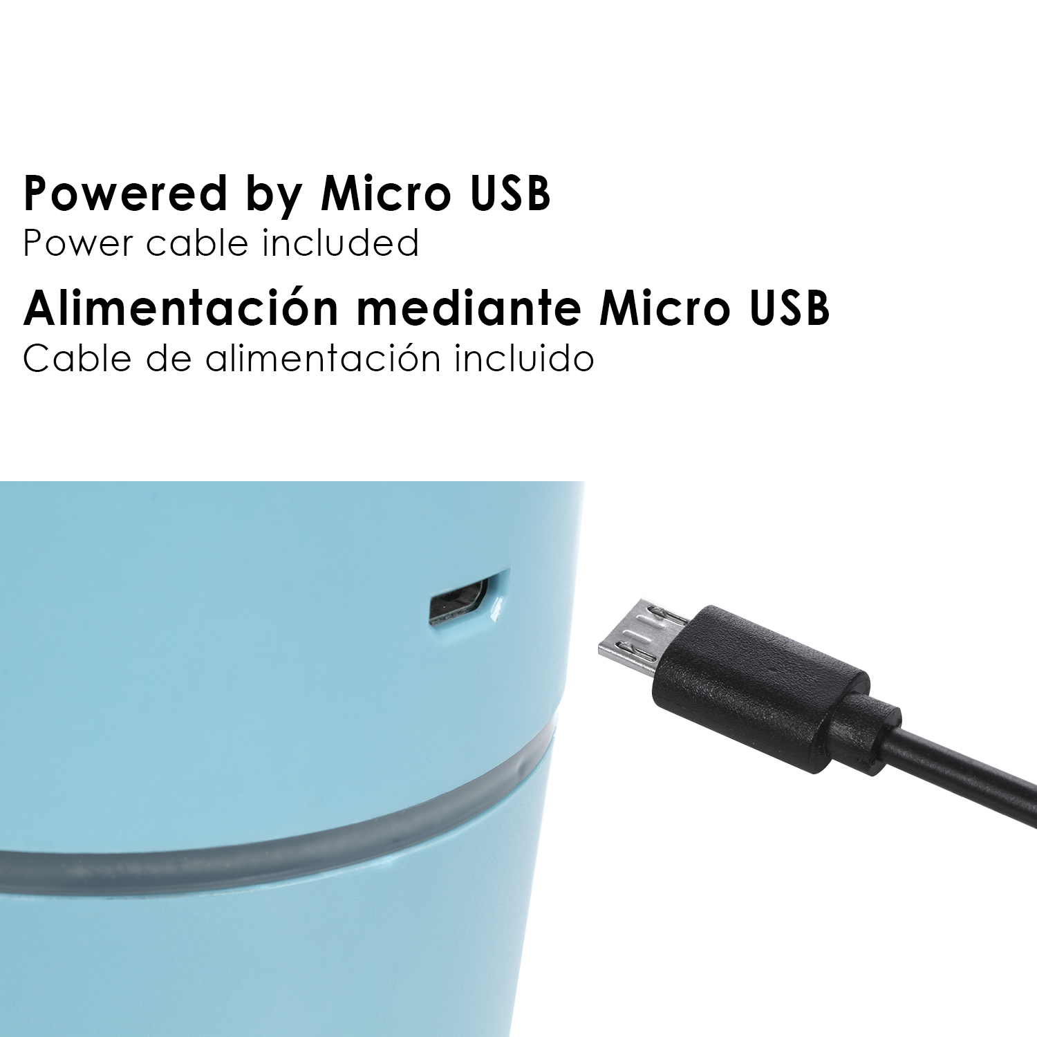 Primer plano de un altavoz azul con puerto micro USB, con texto sobre la inclusión del cable.