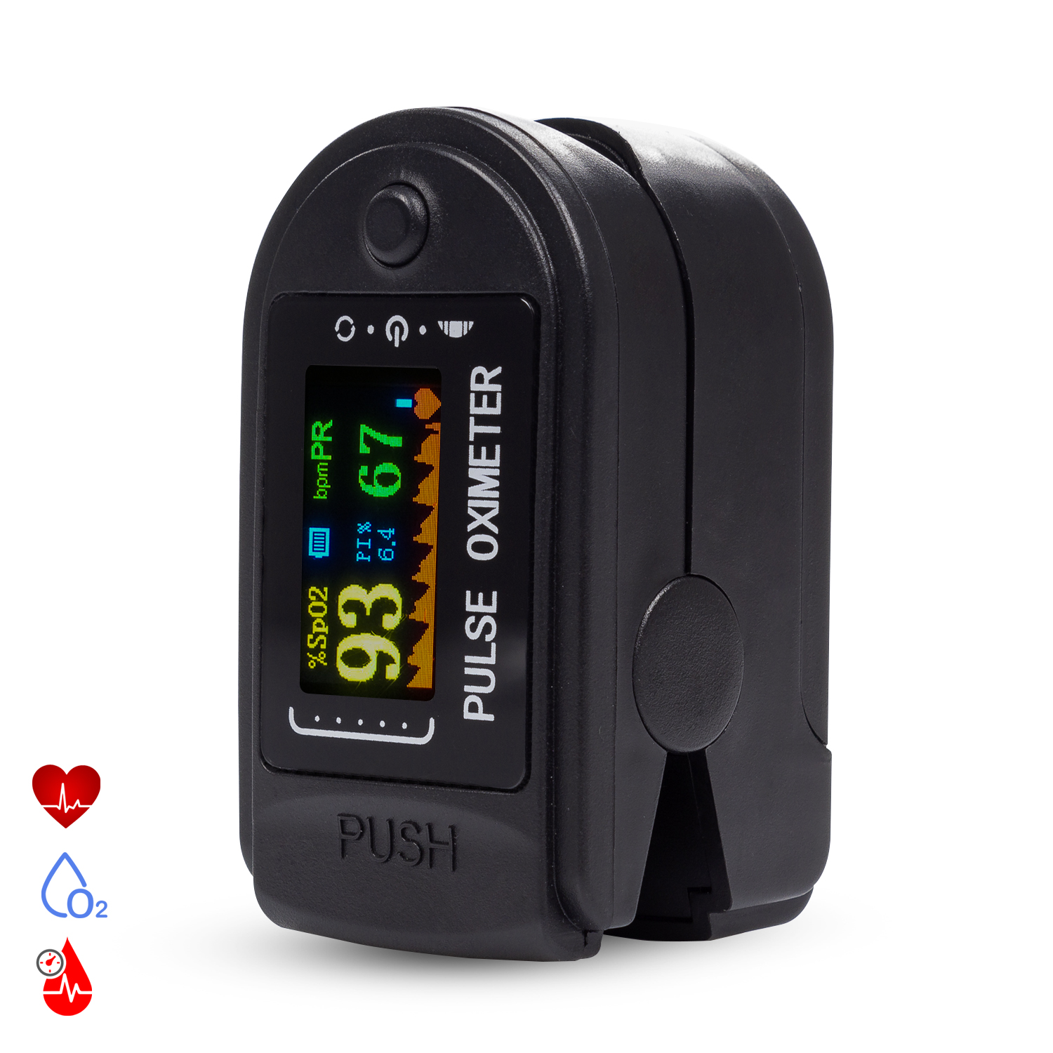 Schwarzer Pulsoximeter mit Anzeige von SpO2 und Pulsfrequenz. Rotes Herz, Sauerstoff- und Blut-Icons.
