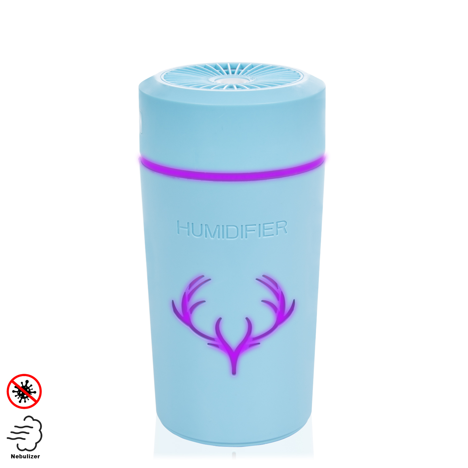 Humidificador azul con astas de ciervo rosas. Fondo blanco con algunos iconos.