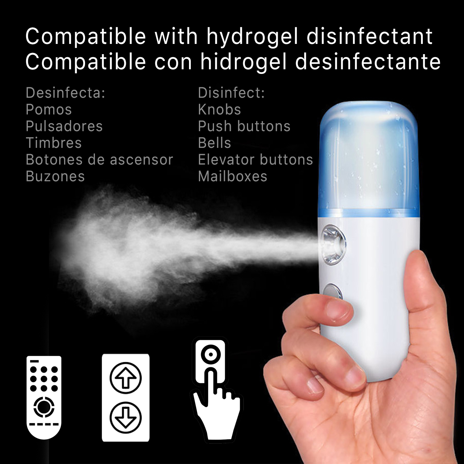 Mano sosteniendo dispositivo blanco y azul rociando niebla. Texto e iconos sobre desinfección.