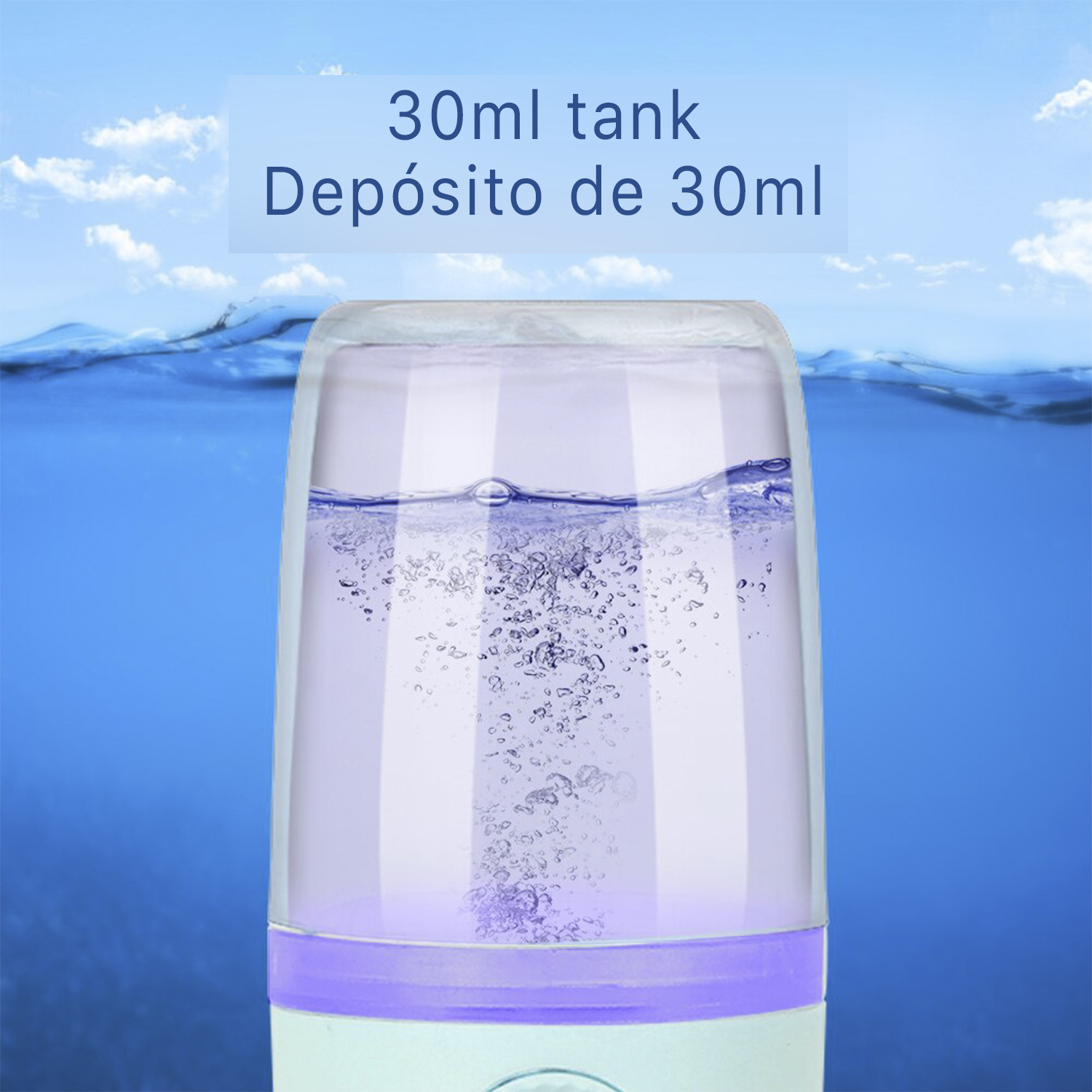 Primer plano de un dispositivo blanco y morado con agua y burbujas dentro, fondo azul.