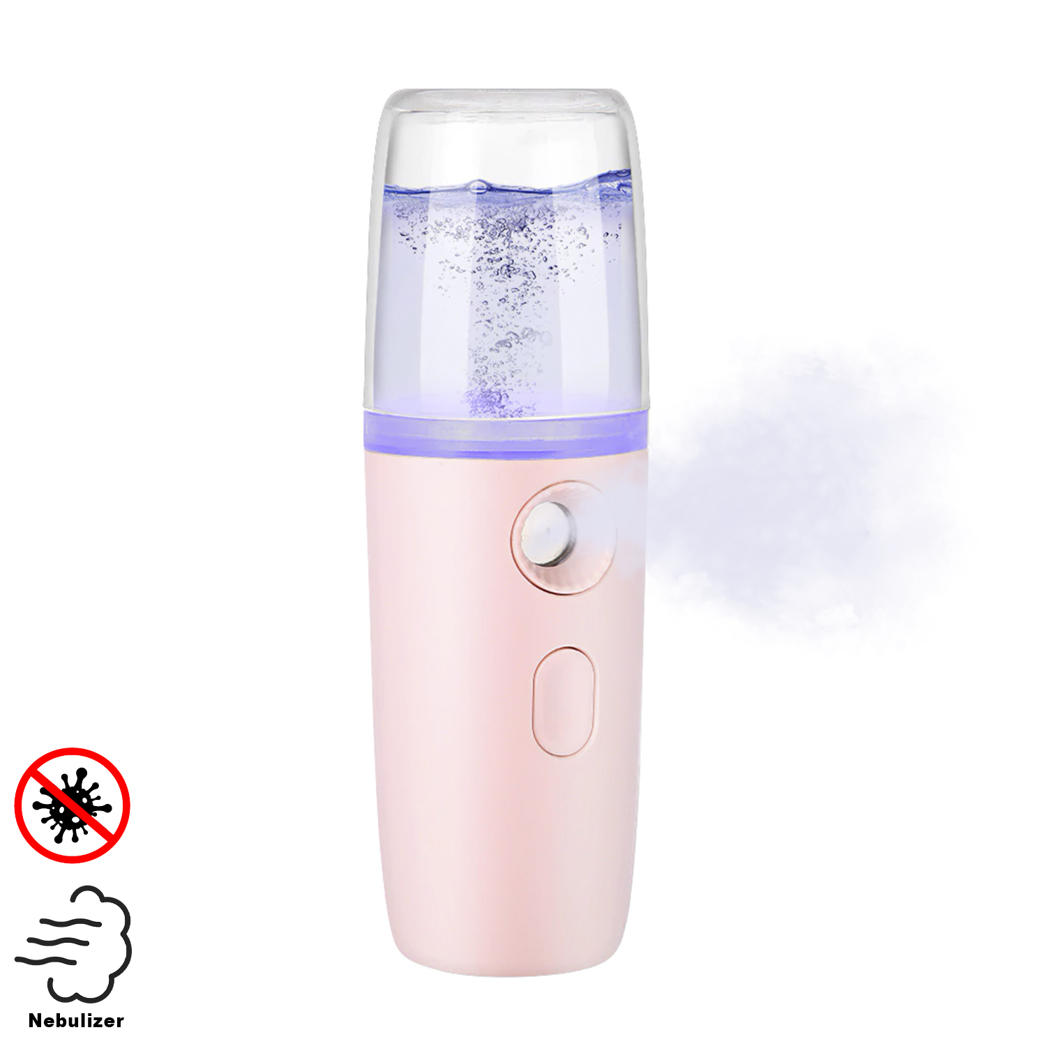 Nebulizador rosa con un botón y un recipiente de agua, y un icono de no virus.
