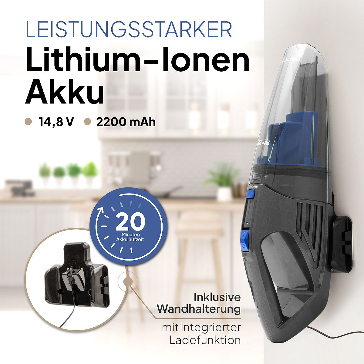 Czarny i niebieski odkurzacz ręczny na białej ścianie, ze stacją ładującą i tekstem.