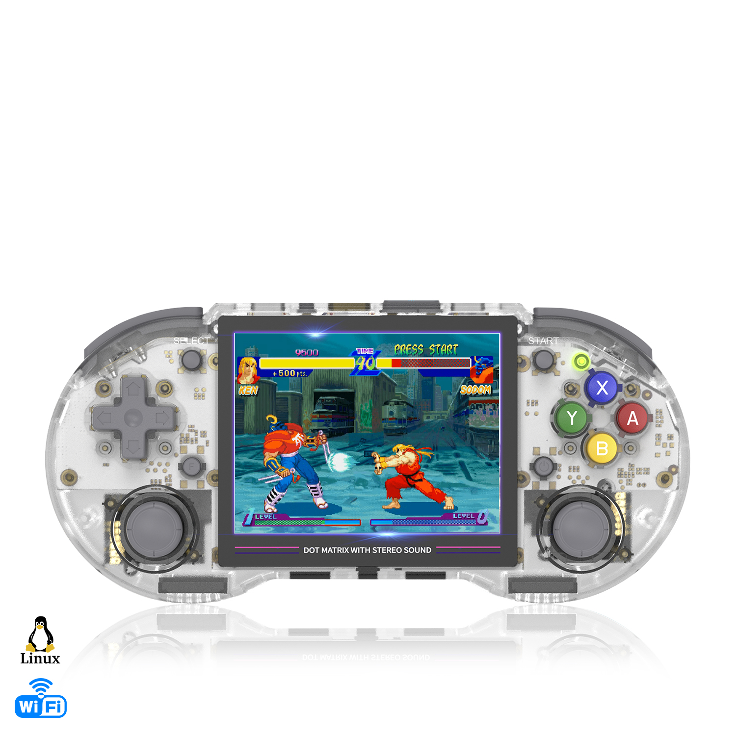 Una console portatile trasparente mostra un gioco di combattimento. Ha pulsanti e uno schermo.