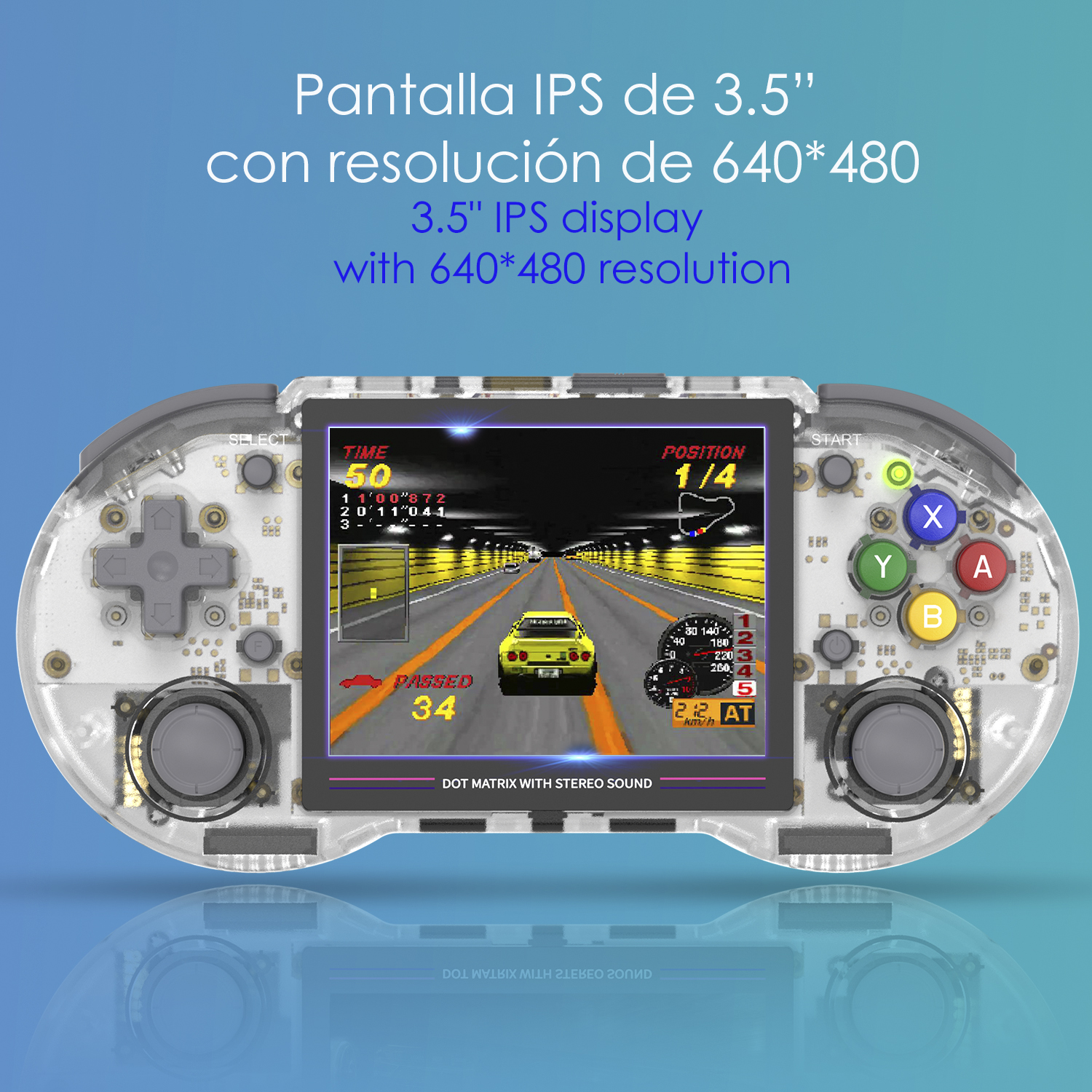 Una console di gioco portatile con uno schermo che mostra un gioco di corse. Corpo trasparente con pulsanti.