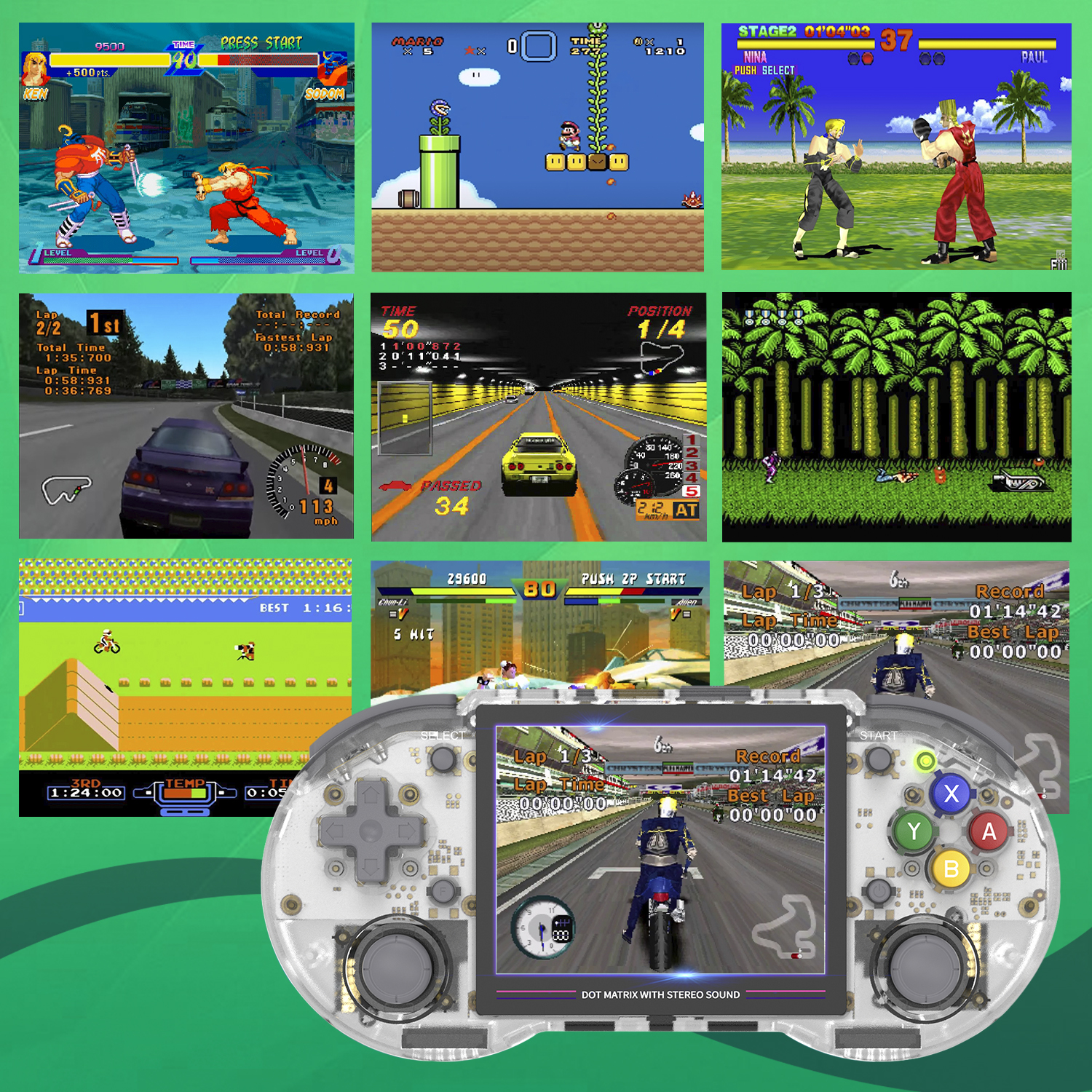 Una console di gioco portatile che mostra giochi retrò. Lo schermo mostra più scene di gioco.