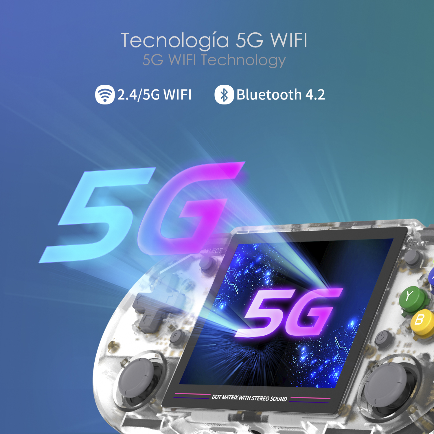 Un controller di gioco con testo: 5G WIFI Technology, 2.4/5G WIFI e Bluetooth 4.2 su uno sfondo colorato.