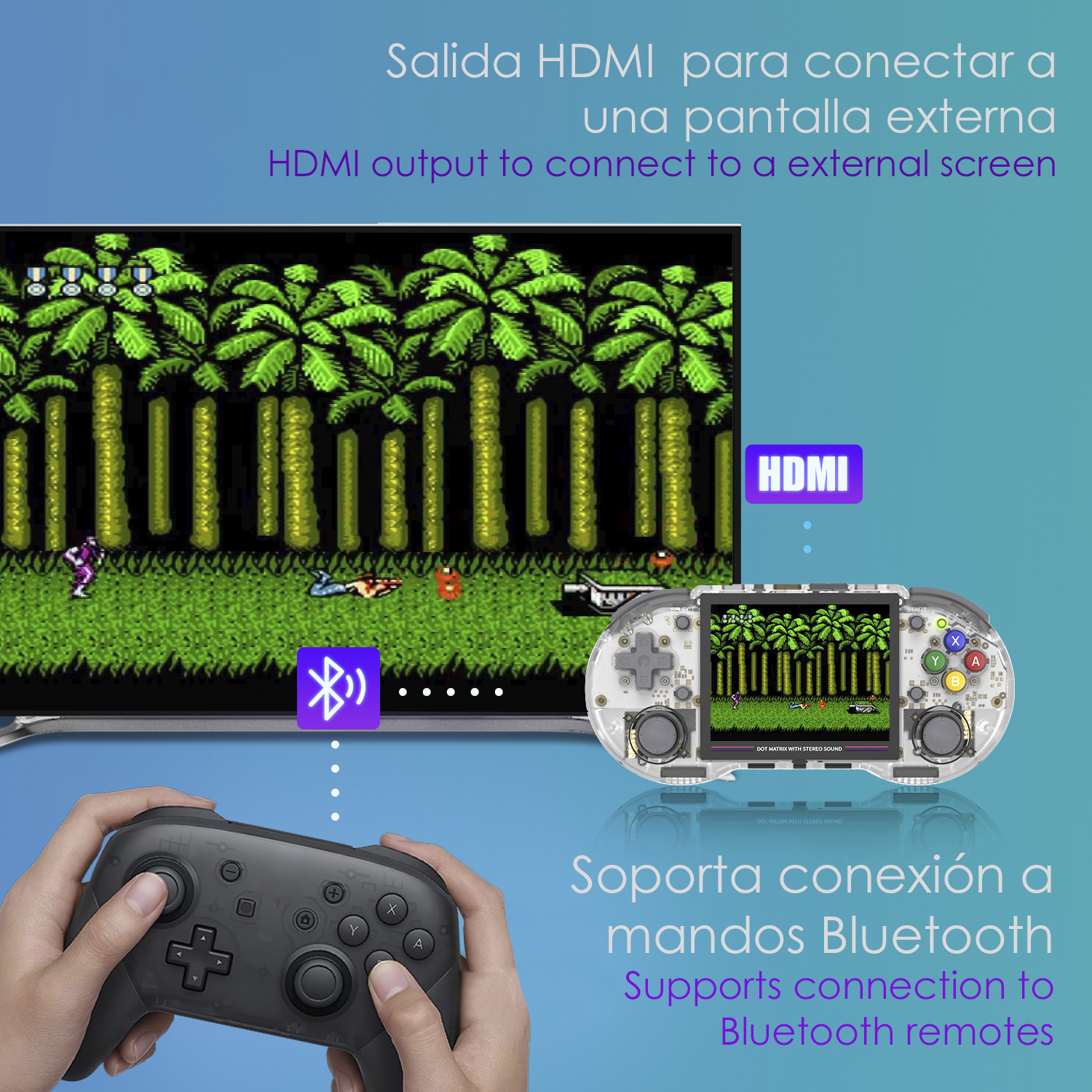 Controller di gioco e uno schermo con una scena di videogioco retrò e testo.