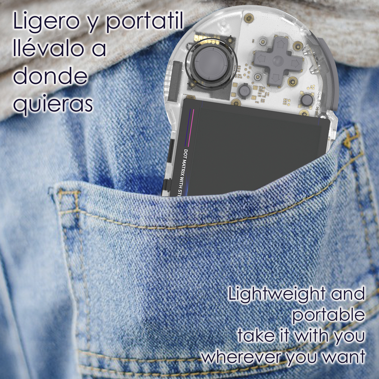 Una piccola console di gioco in una tasca, parzialmente visibile. Testo: leggero e portatile.