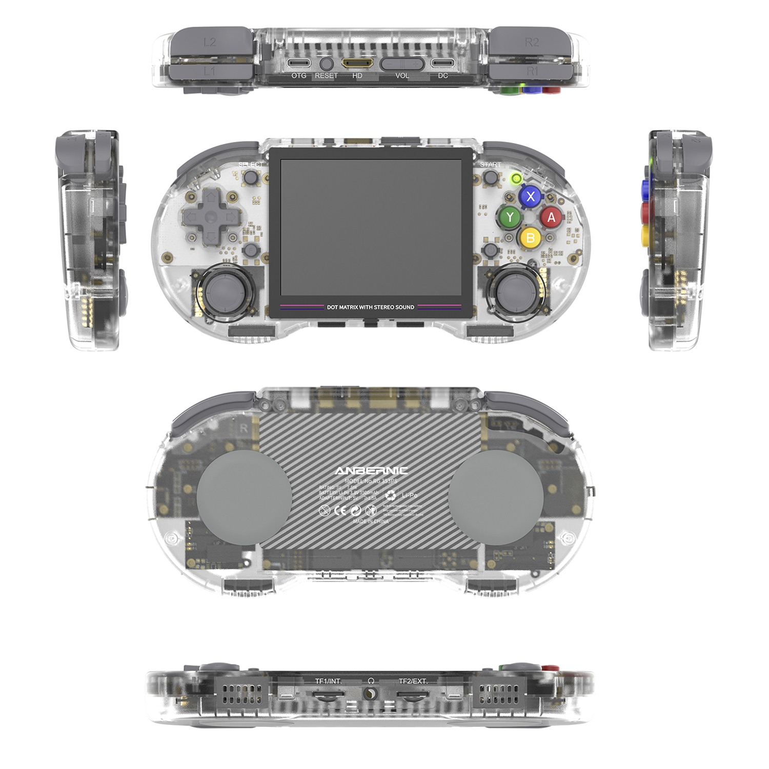 Console di gioco portatile trasparente con pulsanti, schermo e componenti interni visibili.