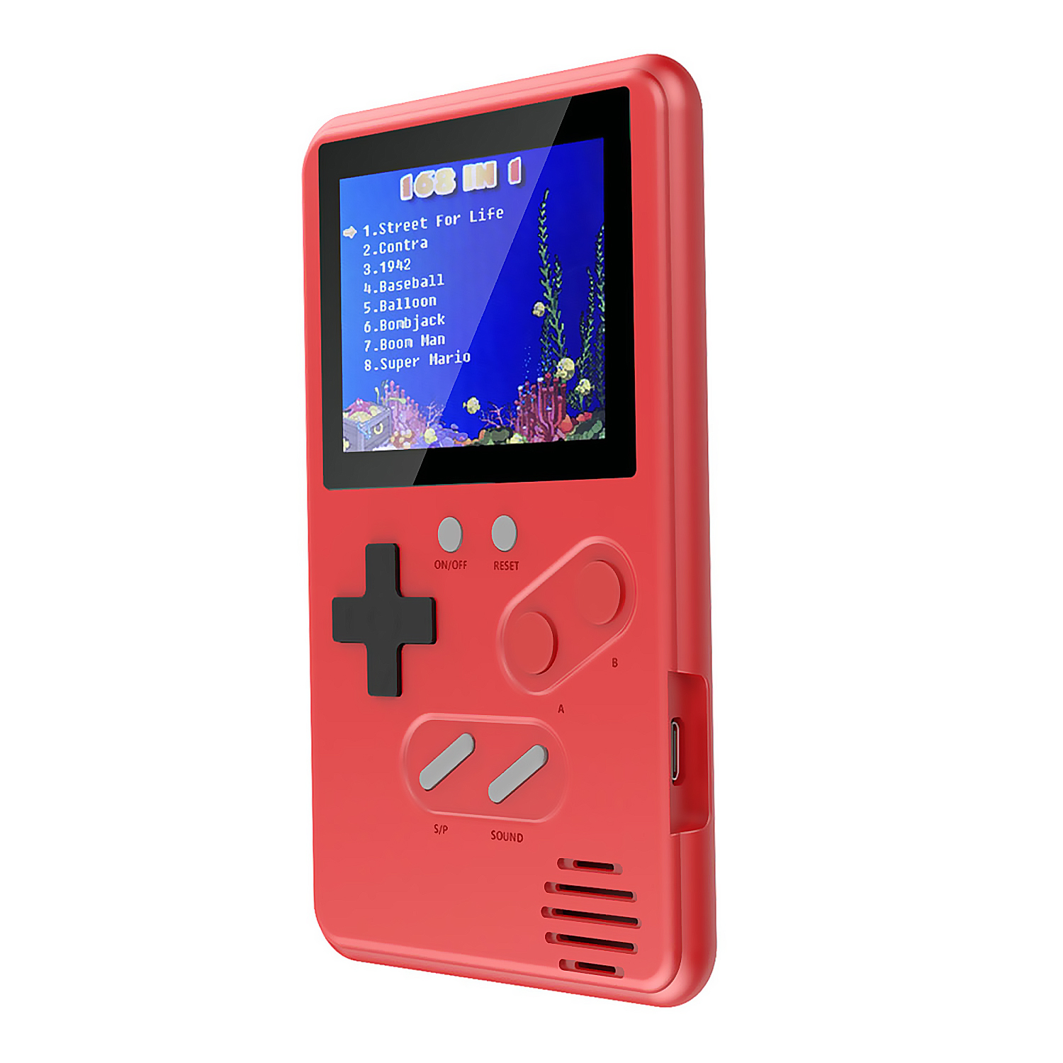 Console di gioco portatile rossa che mostra un menu di gioco. Pulsanti rossi e un D-pad nero.