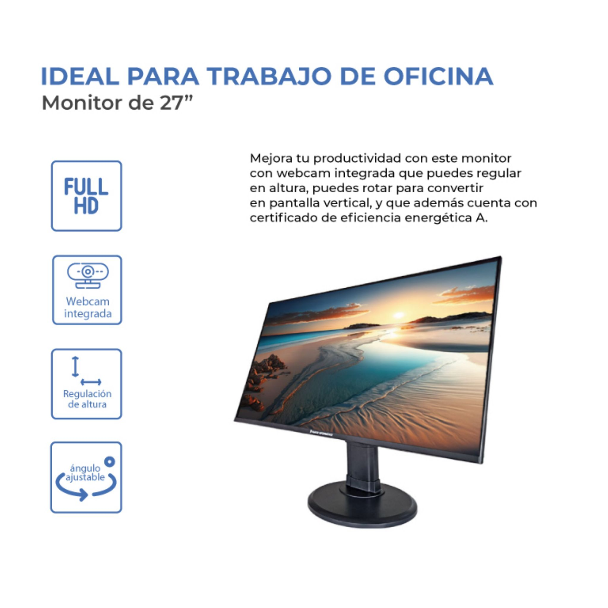 Monitor de 27". Texto sobre características y beneficios. Fondo blanco.