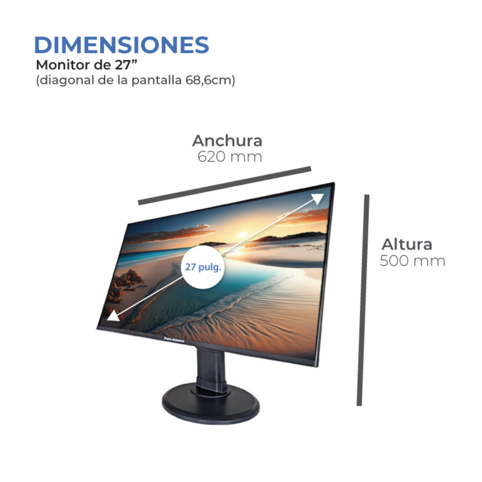 Monitor con dimensiones: ancho 620mm, alto 500mm, diagonal de 27 pulgadas.