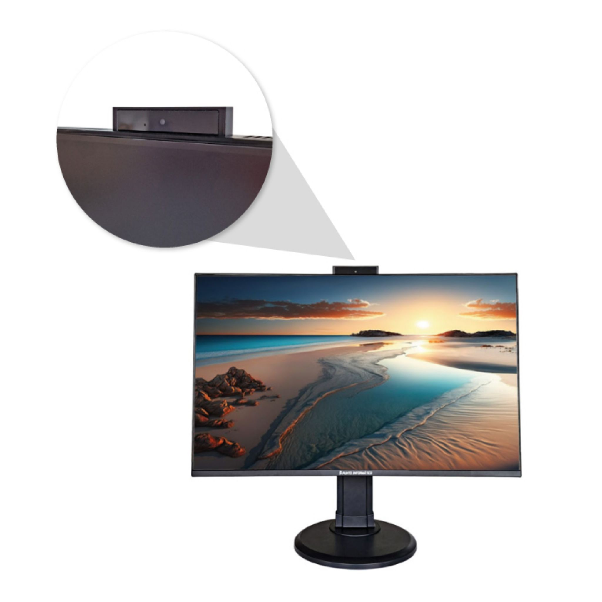Un monitor de computadora con una cámara web adjunta. La pantalla muestra un paisaje al atardecer.