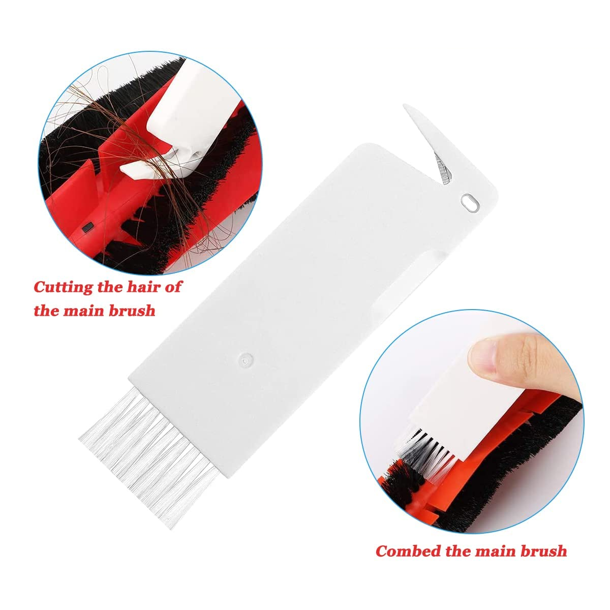 Narzędzie do czyszczenia z tekstem wskazującym, że tnie i czesze włosy ze szczotki.