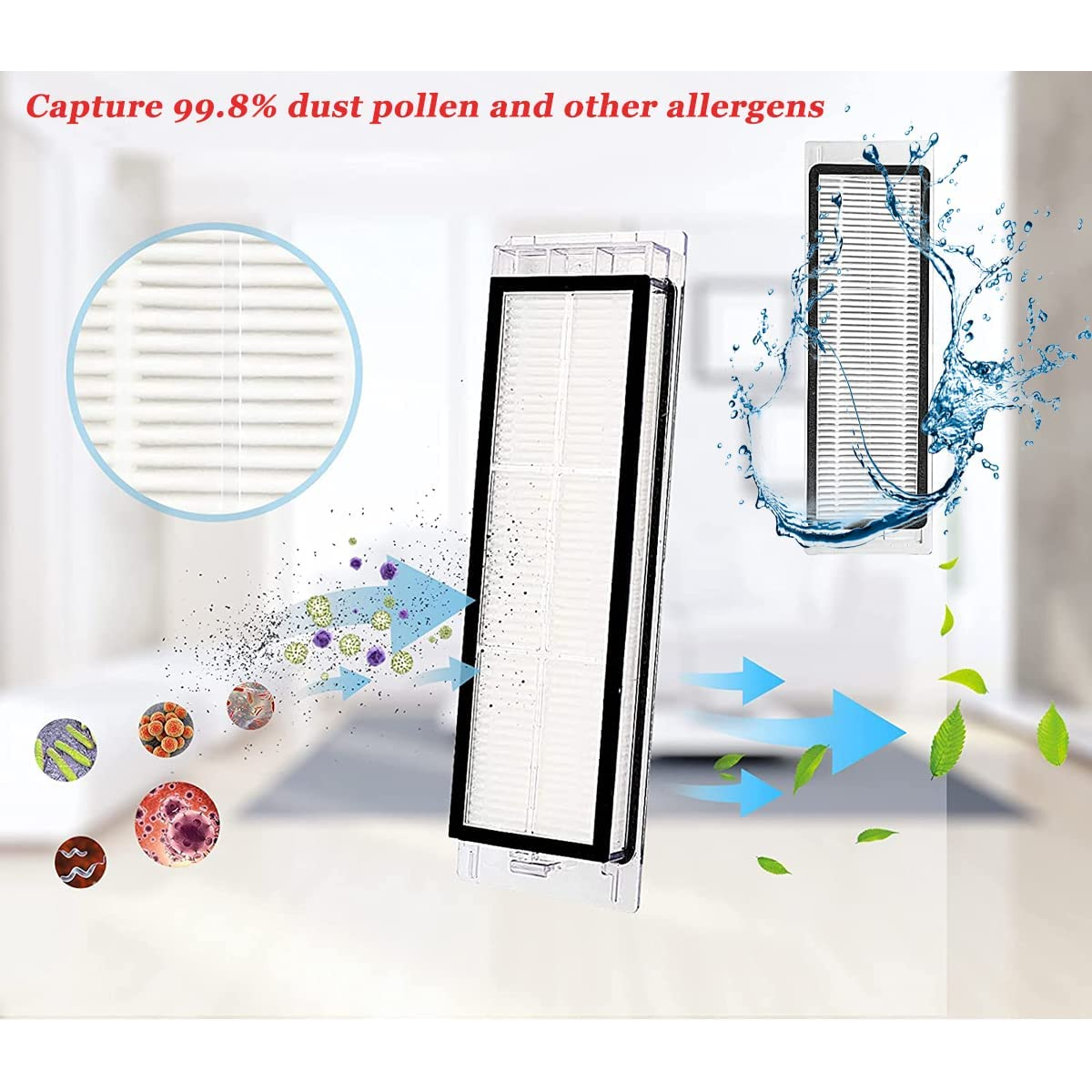 Filtr powietrza z ilustracjami kurzu i alergenów. Pokazuje krople wody i liście.