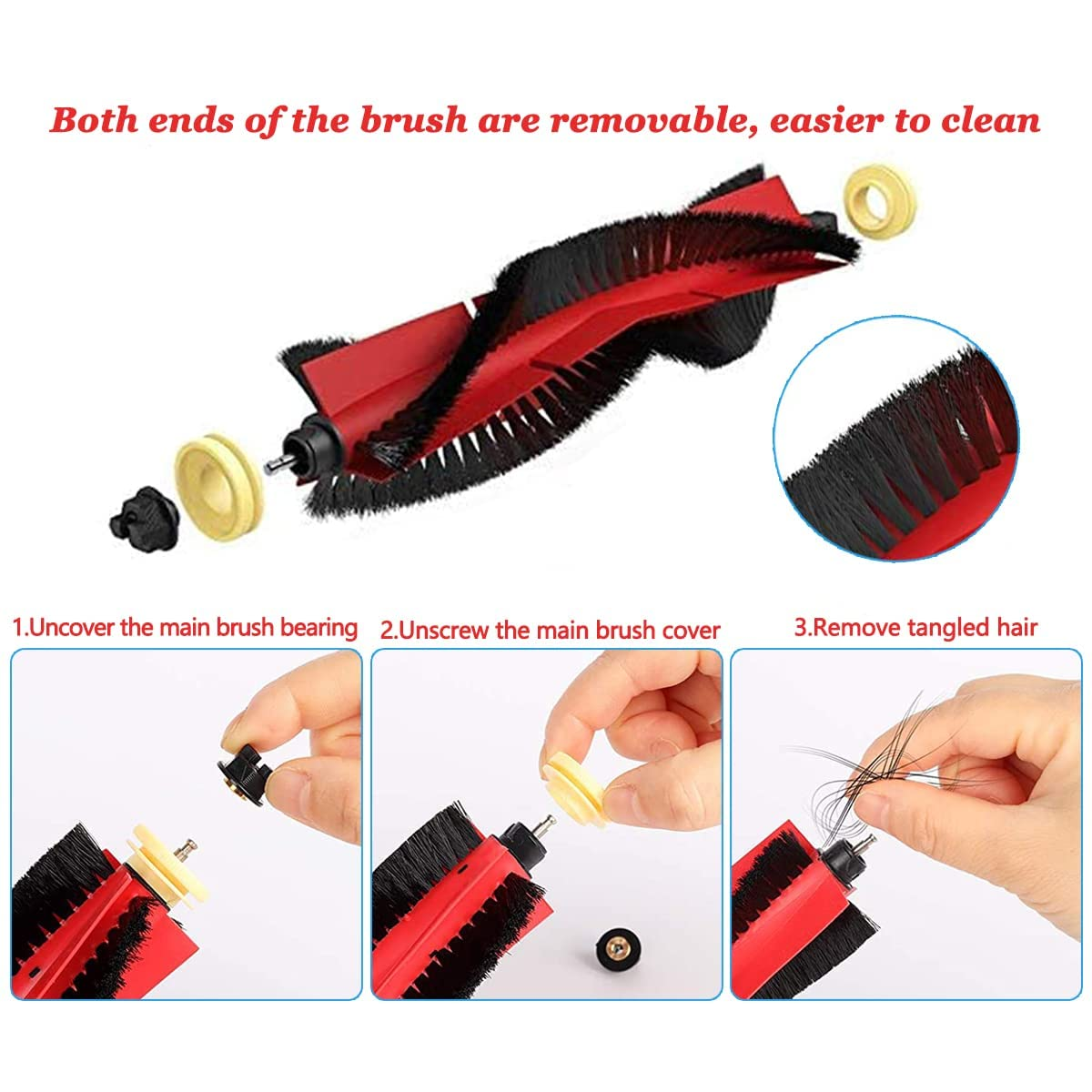 Szczotka do robota sprzątającego. Pokazuje etapy demontażu, w tym usuwanie włosów.