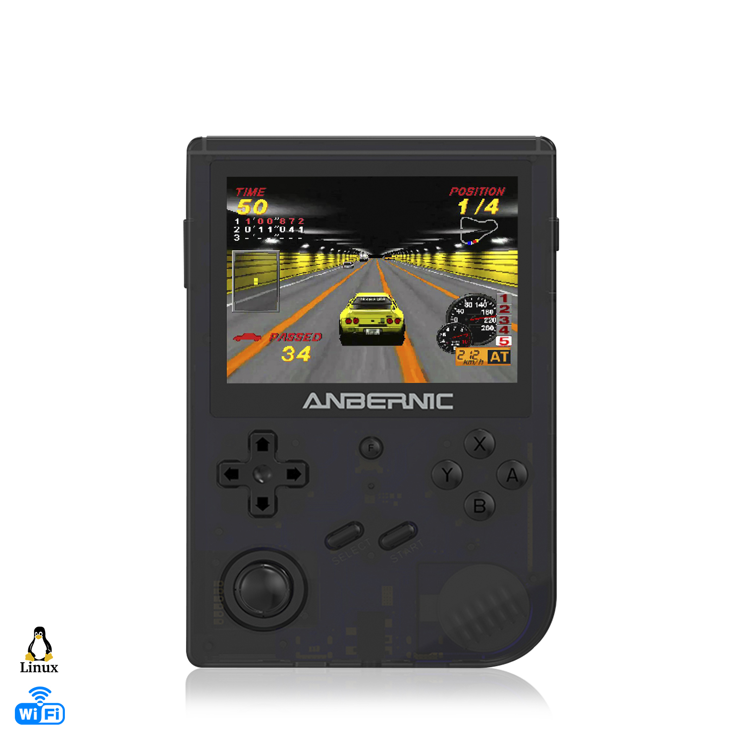Una console di gioco portatile con un gioco di corse sullo schermo.