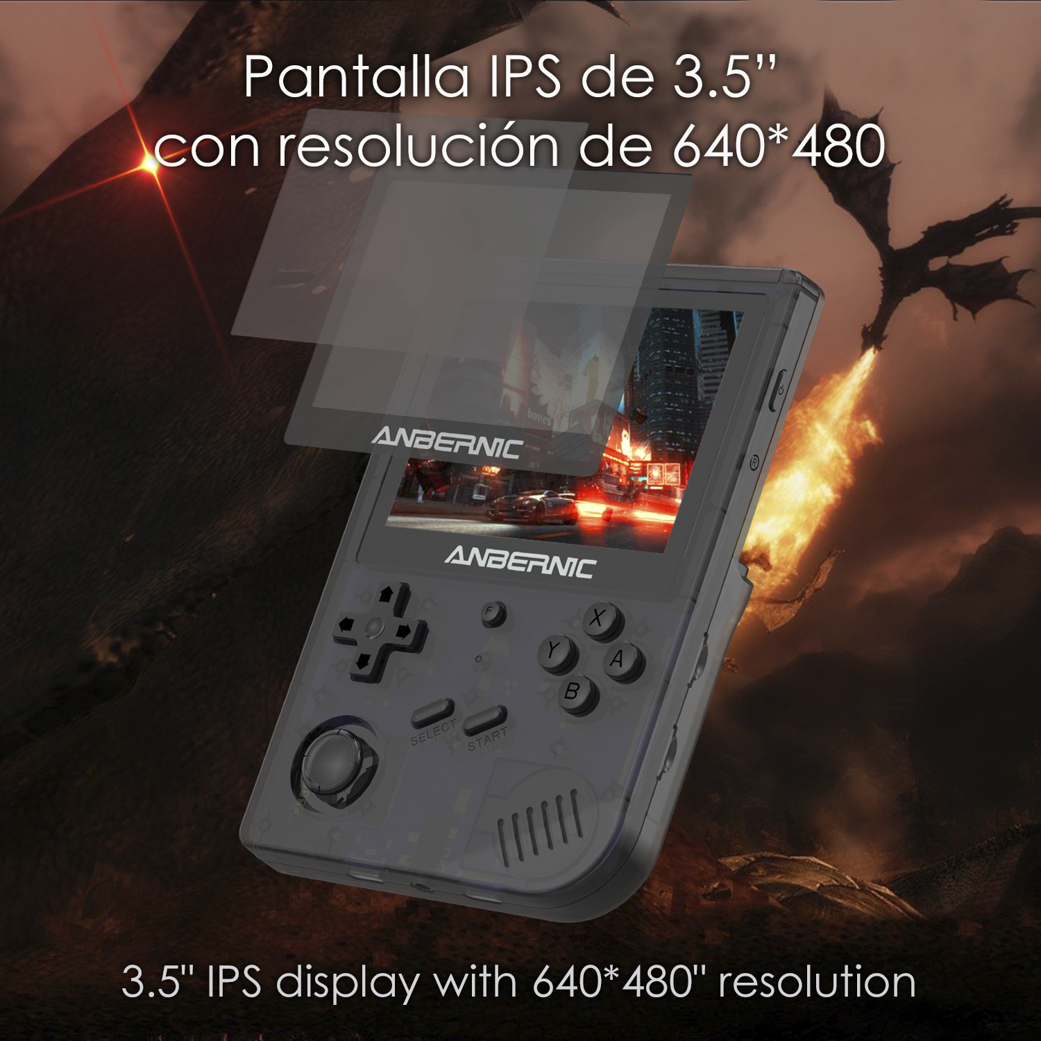 Console di gioco portatile nera. Schermo da 3,5" con gioco visualizzato. Testo in spagnolo. Sfondo drago.