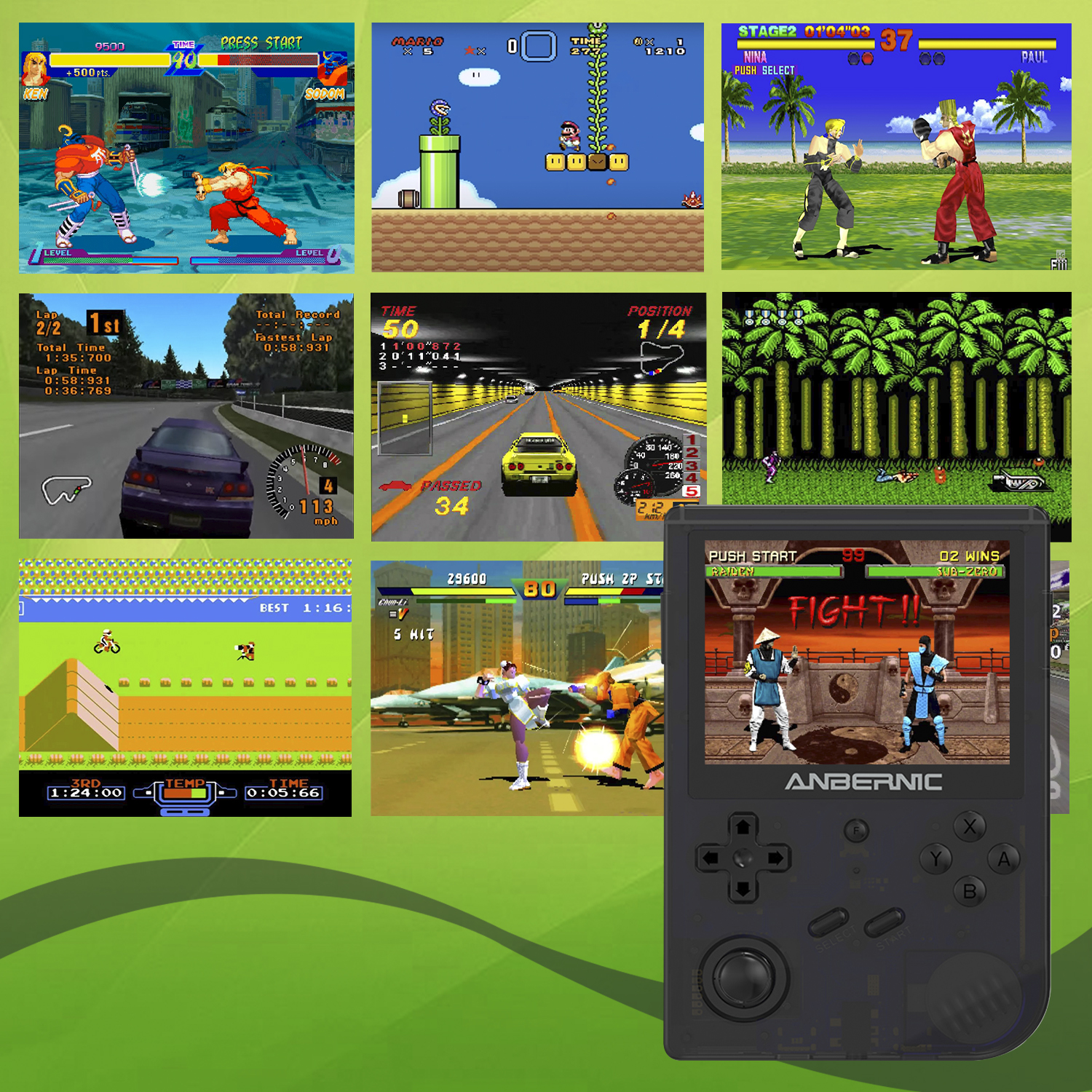 Un collage di schermate di videogiochi retrò su una console portatile e sul suo schermo.