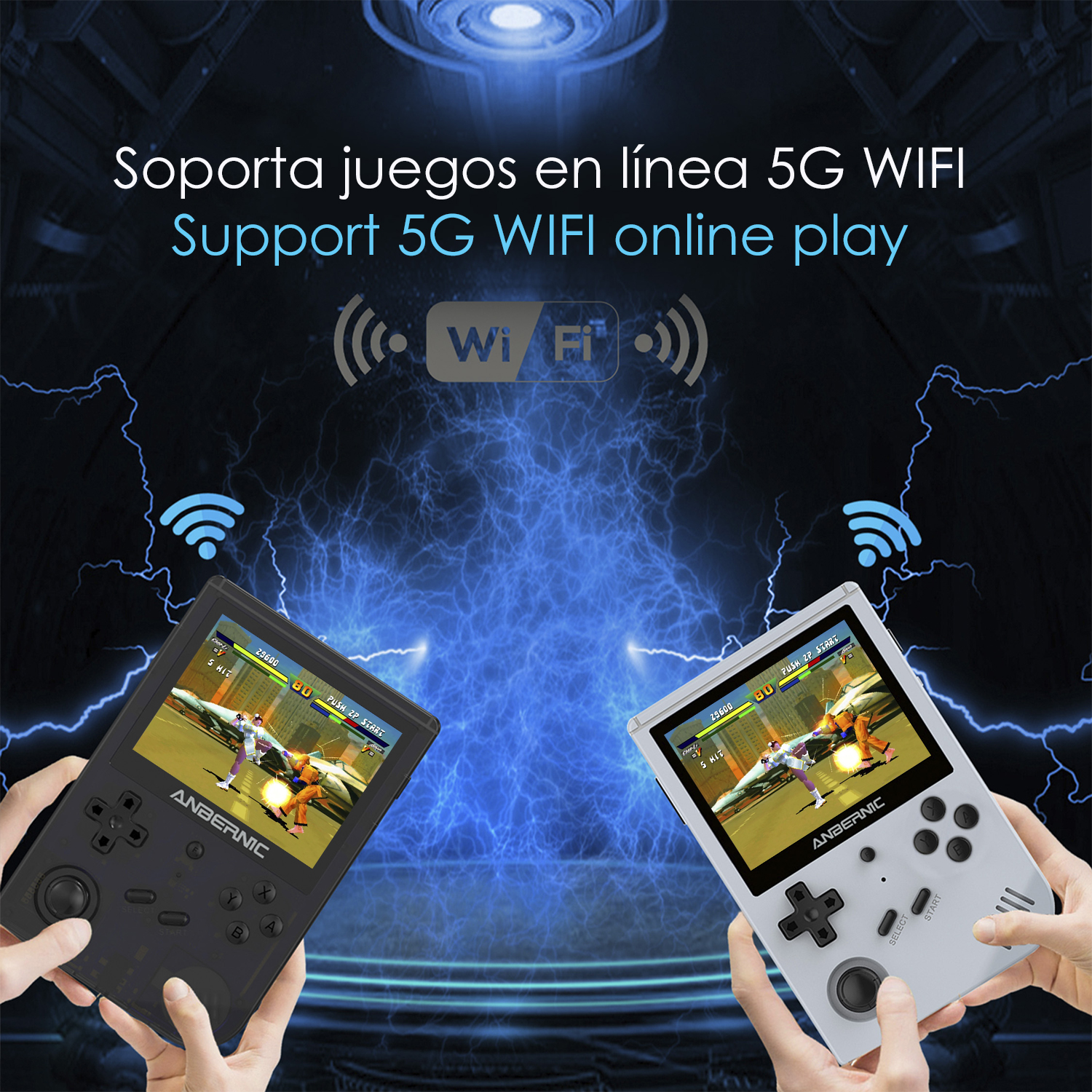 Due console di gioco portatili con schermi che mostrano giochi, circondate da simboli Wi-Fi.