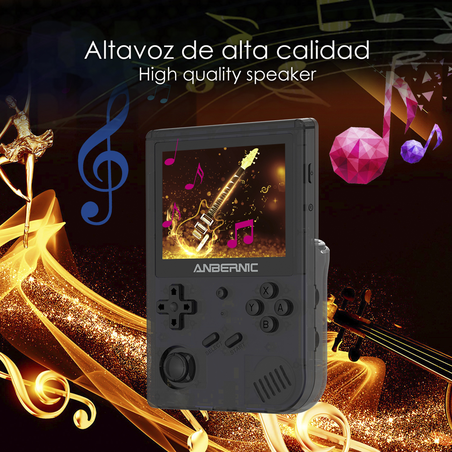Console di gioco portatile nera con schermo che mostra una chitarra, circondata da note musicali.