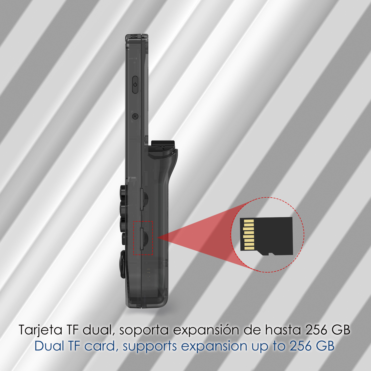Vista laterale di una console di gioco con uno slot per schede microSD evidenziato e una freccia rossa che lo indica.