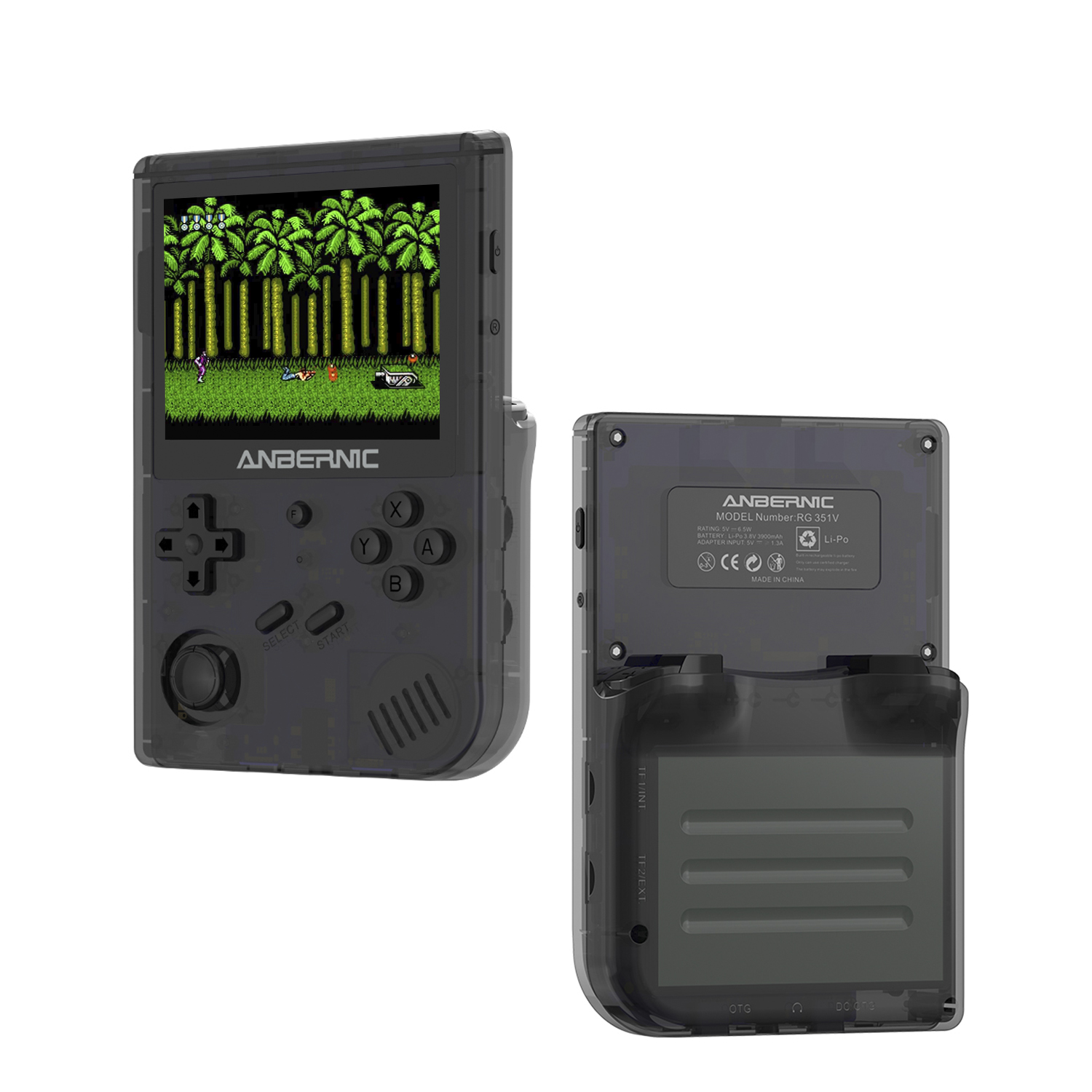Console di gioco portatile nera. Mostra un gioco retrò. Due viste: anteriore e posteriore.