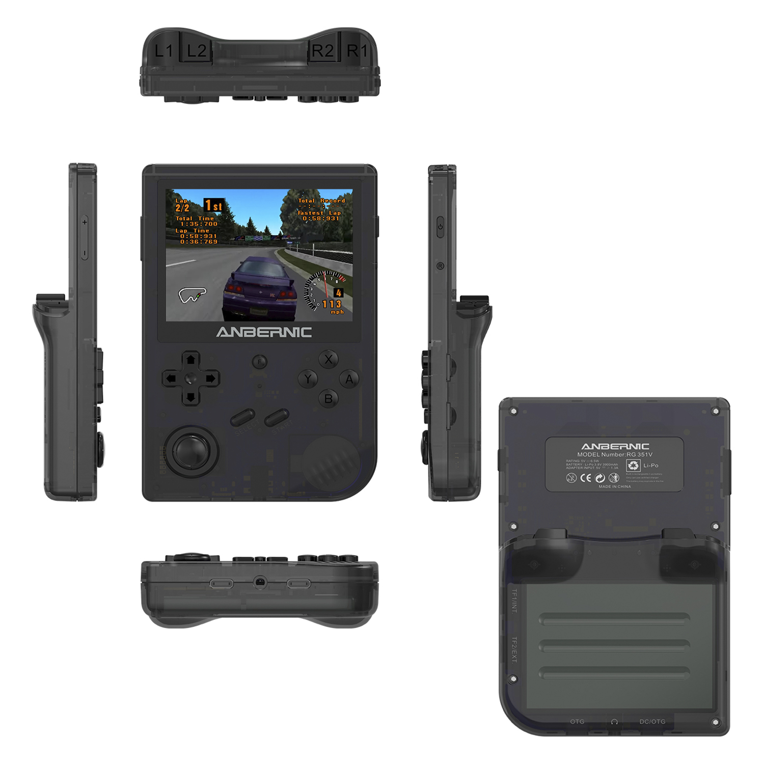 Console di gioco portatile nera con schermo, pulsanti e joystick. Diverse angolazioni mostrano il design.