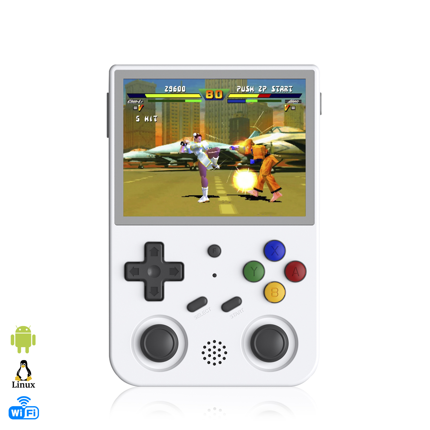 Console di gioco portatile bianca che mostra un gioco di combattimento. Pulsanti e controlli visibili.