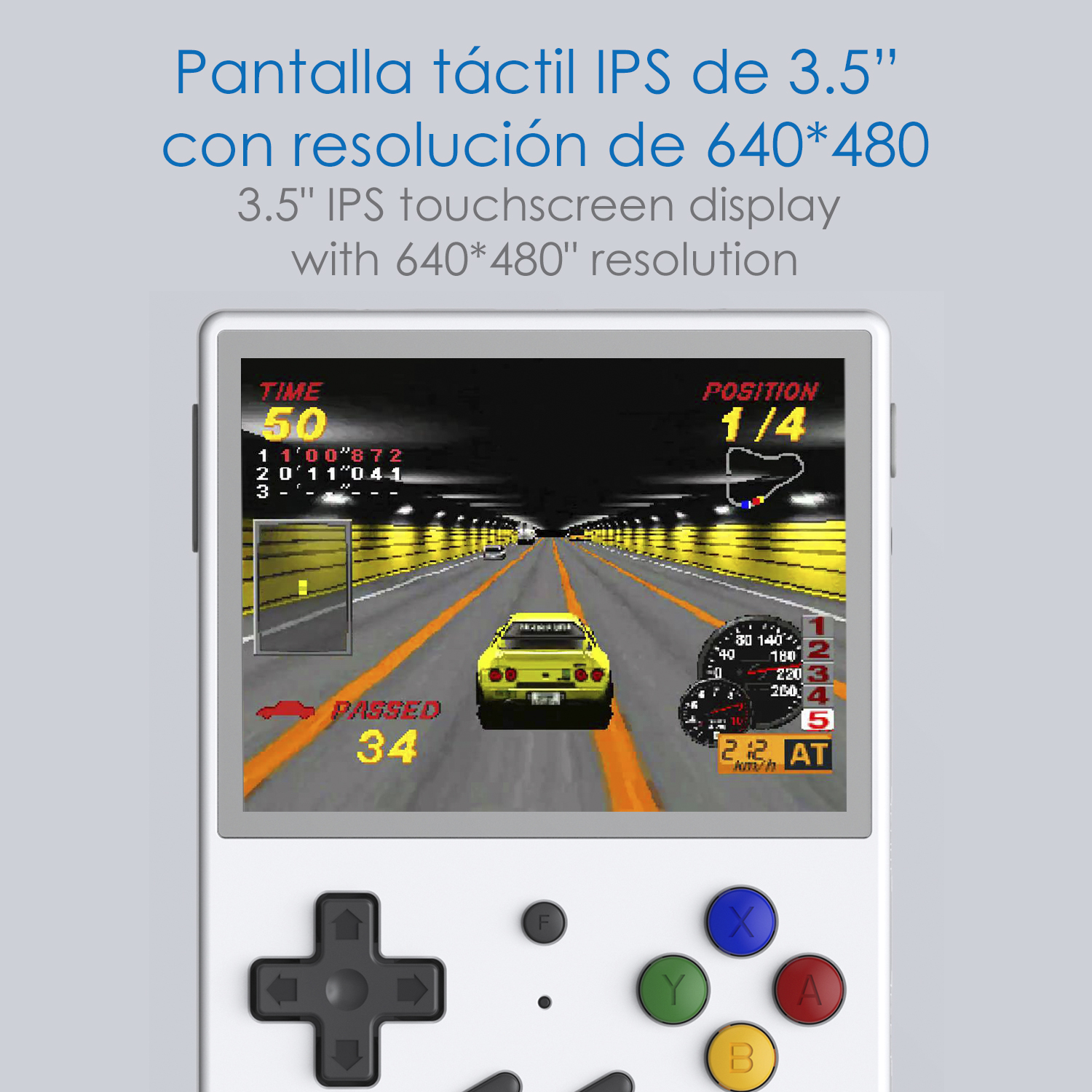 Console di gioco portatile bianca. Il display mostra un gioco di corse. I controlli includono un d-pad e pulsanti.