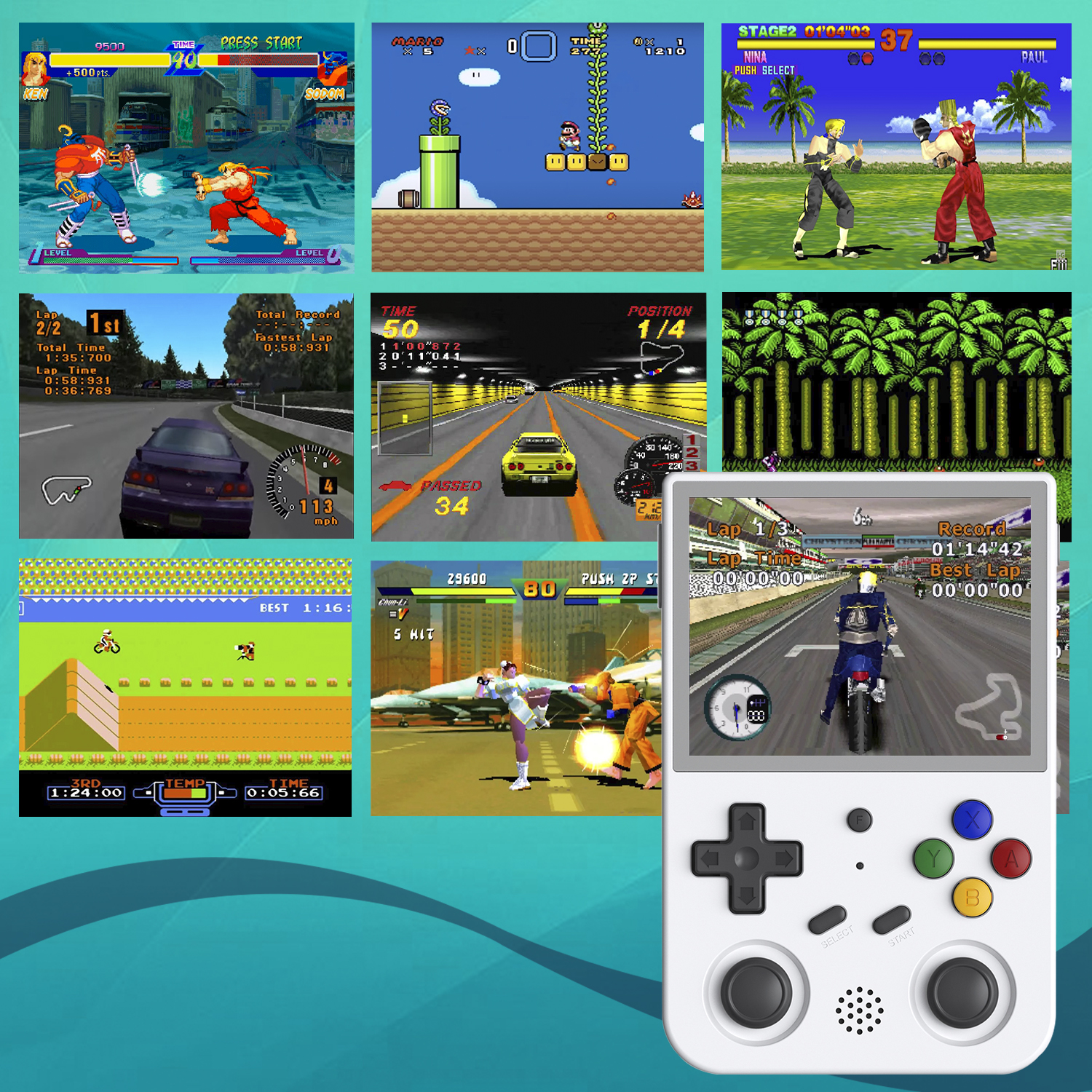 Una console di gioco portatile, che mostra vari screenshot di giochi retrò.