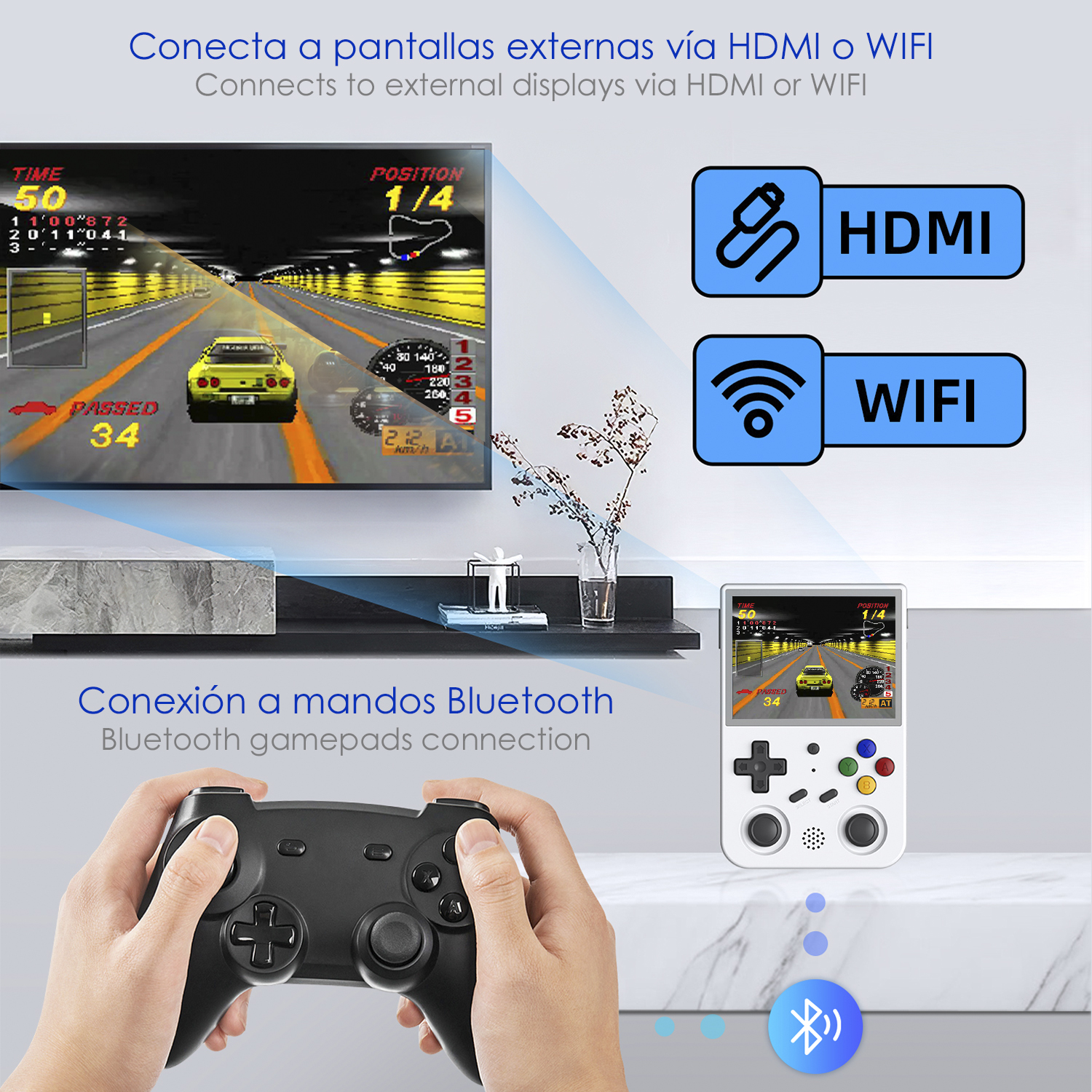 Una persona tiene in mano un gamepad nero. Una TV mostra un gioco di corse. Vengono visualizzati i simboli HDMI e WIFI.
