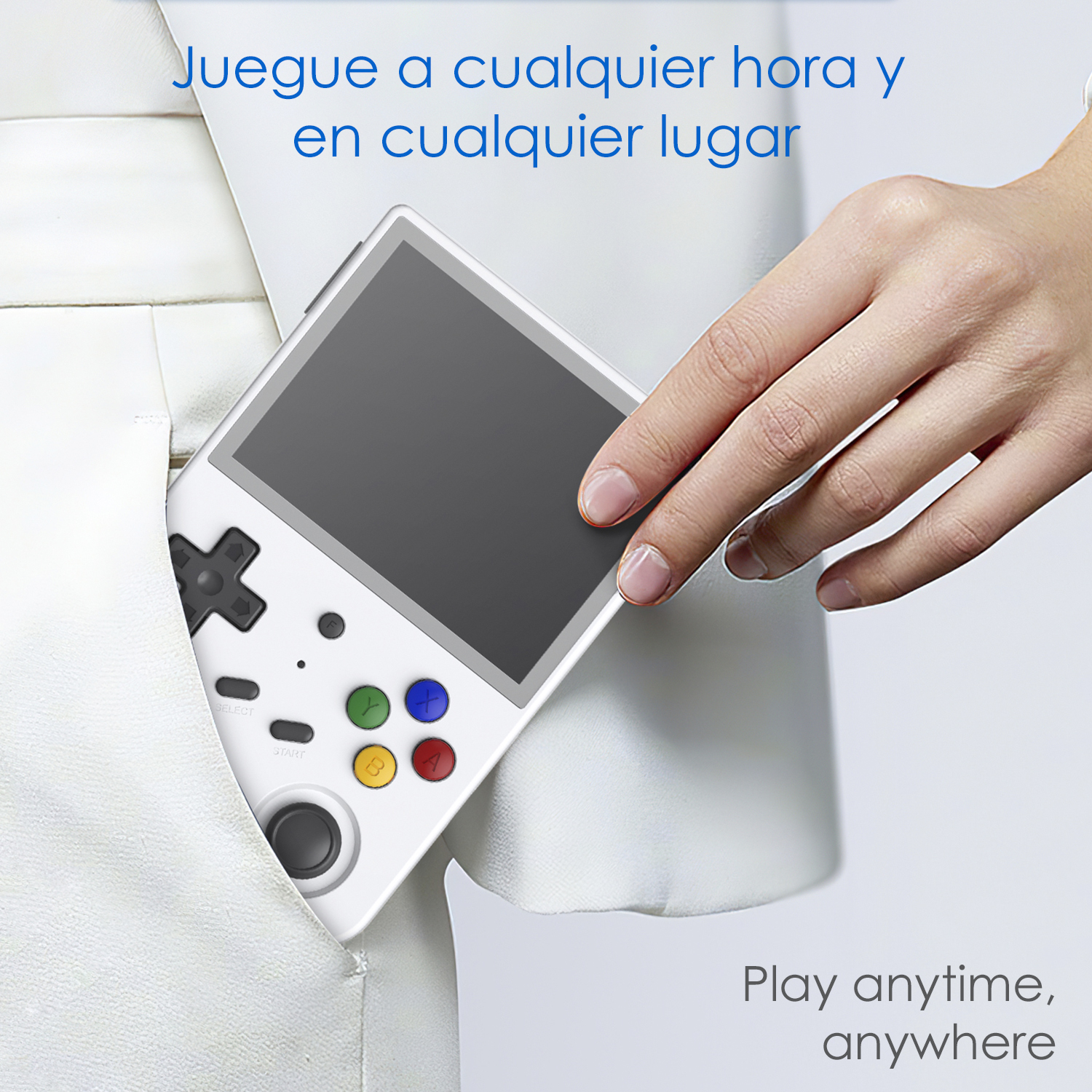 Persona in abito bianco che tira fuori la console bianca dalla tasca. Testo: Gioca sempre e ovunque.