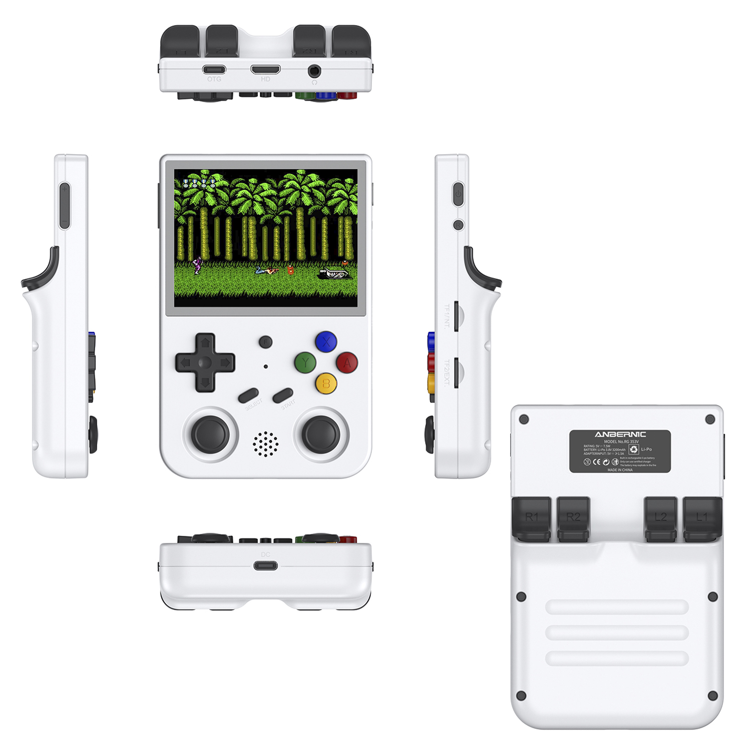 Console portatile bianca, viste multiple. Mostra pulsanti, schermo con gioco, viste posteriori e laterali. Il titolo è ANBERNIC.