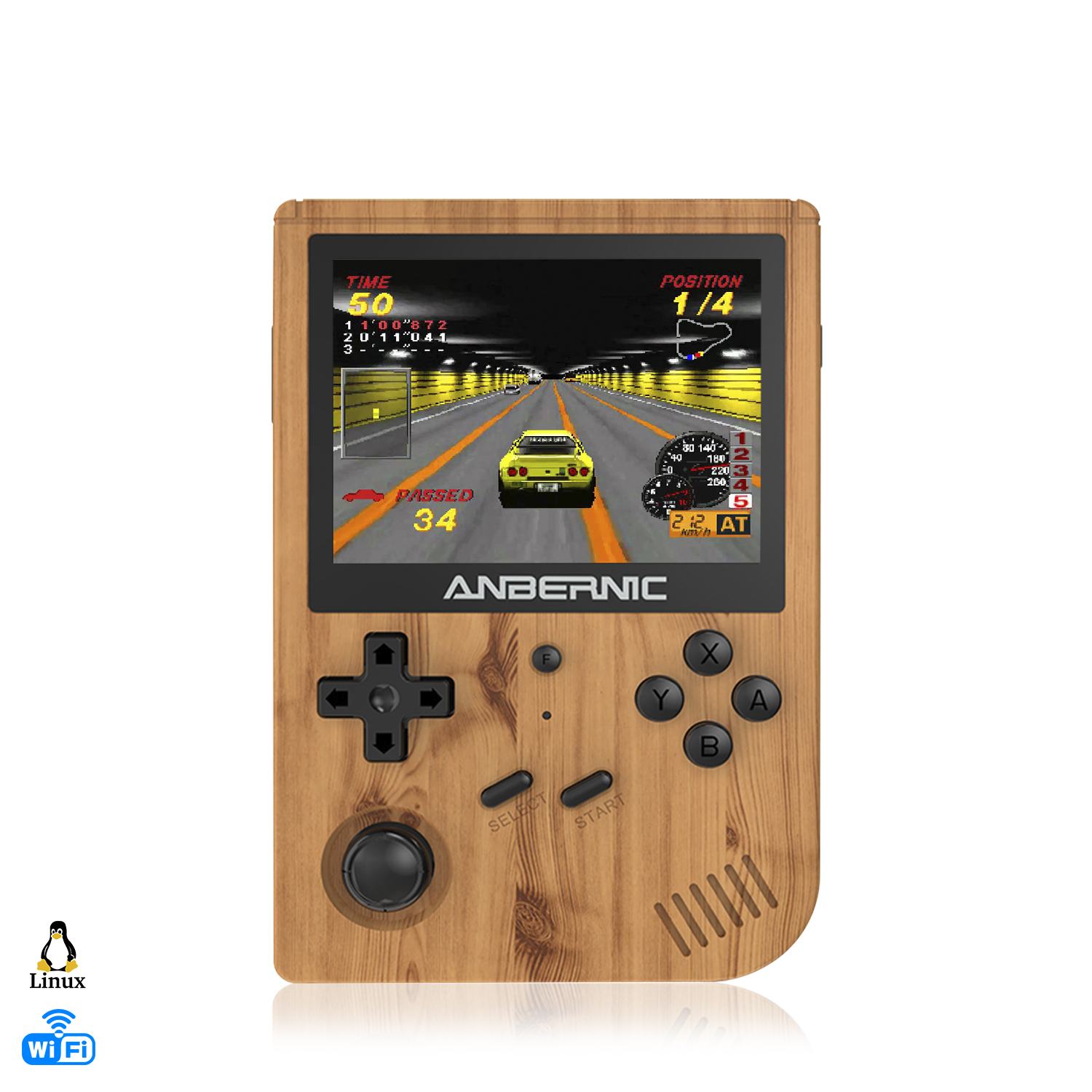Una console di gioco portatile in legno che mostra un gioco di corse. La console ha pulsanti e un joystick.