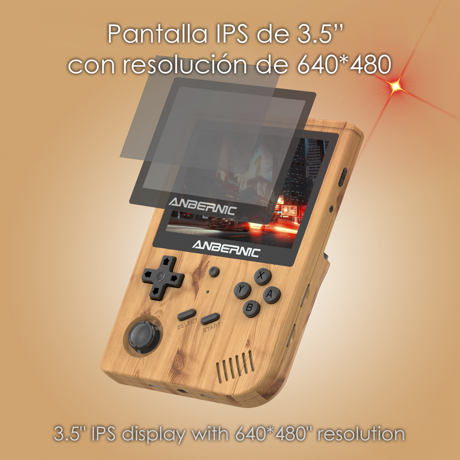Una console di gioco retrò portatile con finitura in legno, mostra uno schermo di gioco.