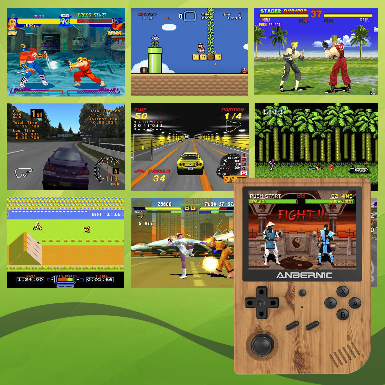 Una console di gioco portatile mostra più giochi retrò sul suo schermo.